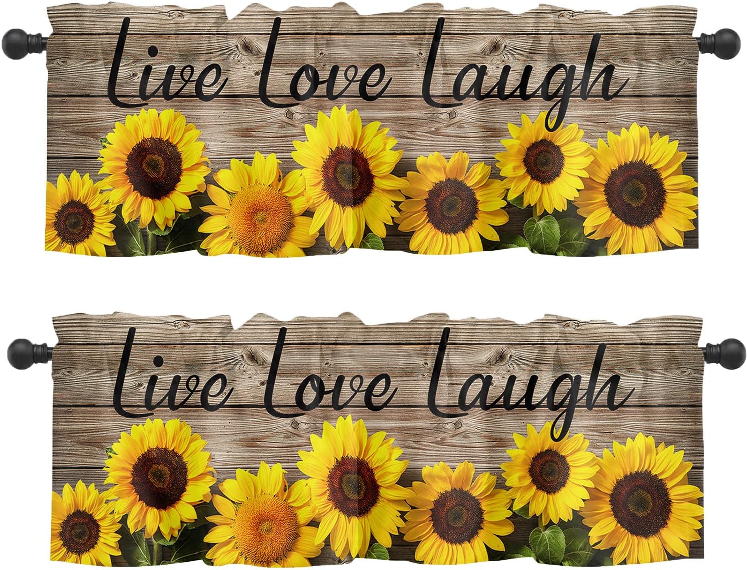Valances for Windows 2 Pack Sunflwer Kitchen Curtains Set Love Live Laugh Yellow Short Cafe Valances Bathroom Curtains & Drapes w/ 3 inch Rod Pocket Barn Board Window Treatment Valances for Bedroom