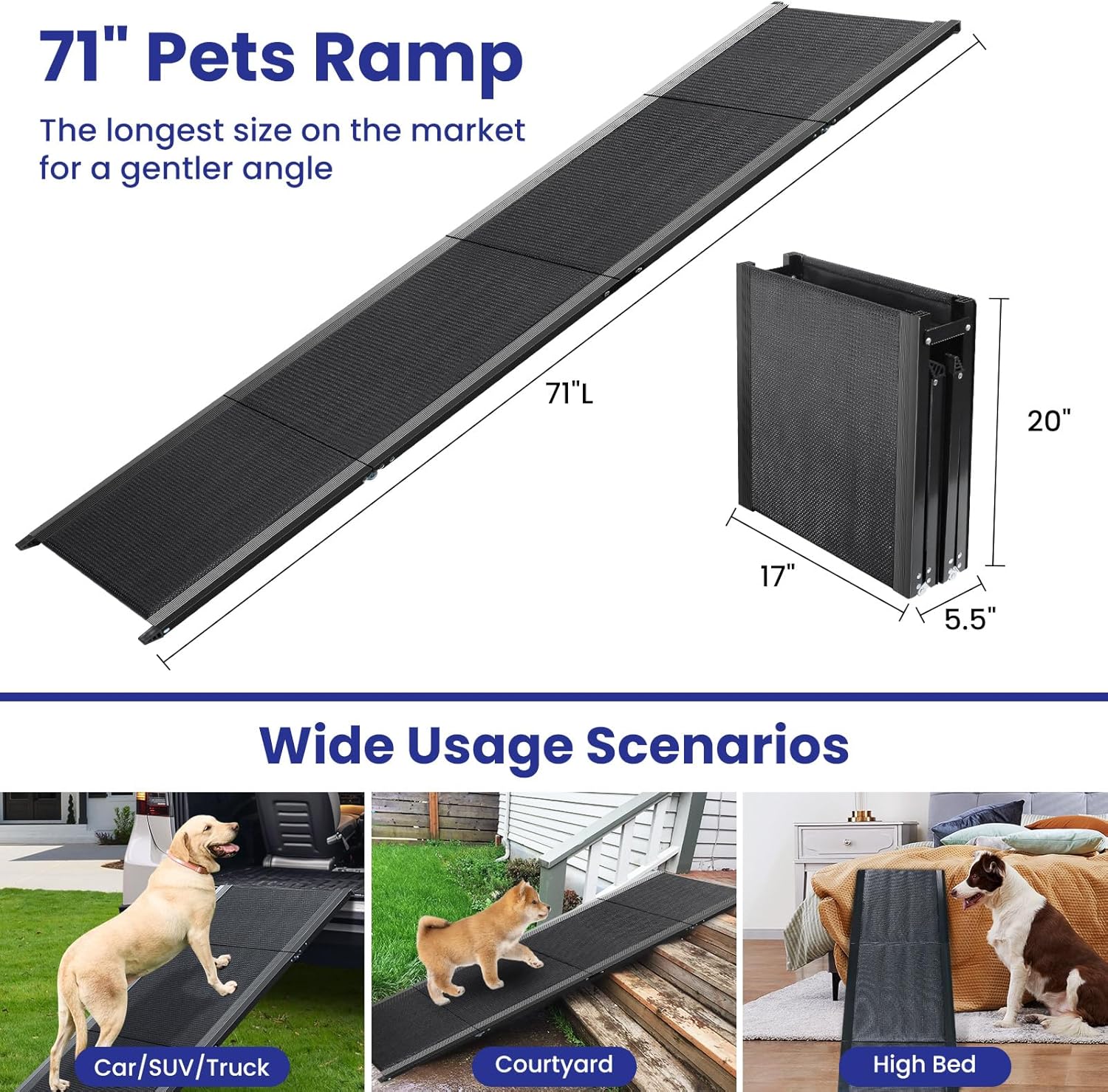 Dog Ramp for Car, 71''x 17'' Extra Long Folding Dog Ramps, Pet Ramp for Large Dogs with Non-Slip Rug Surface, Portable Dog Steps Up to 250LBS, Outdoor Dog Ramp for Car, SUV, Truck
