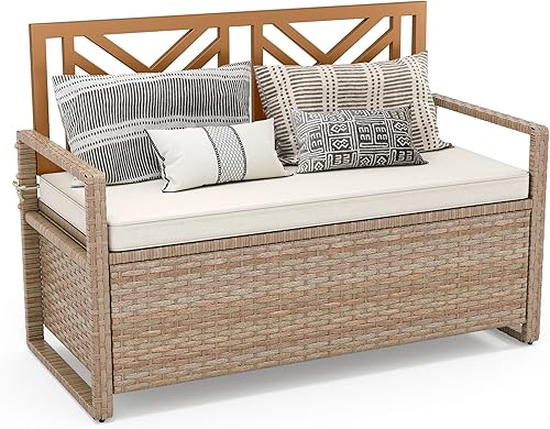 Miniatura 8 de YITAHOME Banco de almacenamiento al aire libre de 70 galones, banco de mimbre de polietileno para todo tipo de clima, caja de almacenamiento para