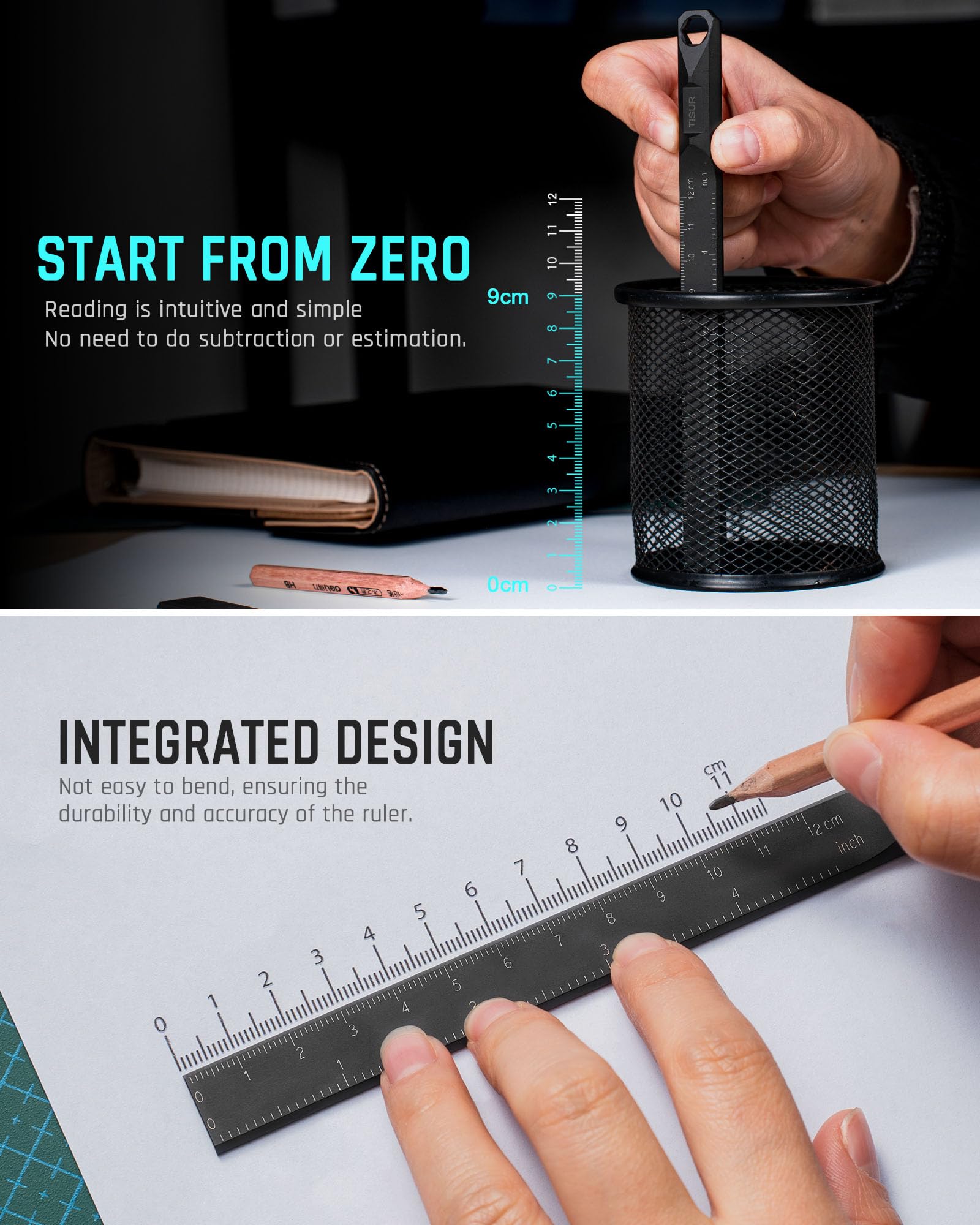 TISUR Titanium Straight Edge Ruler In Both CM & INCH, 12cm Scale Metal Ruler Measuring Ruler Tool For Quilting Sewing Drafting Machinist Carpenter Black