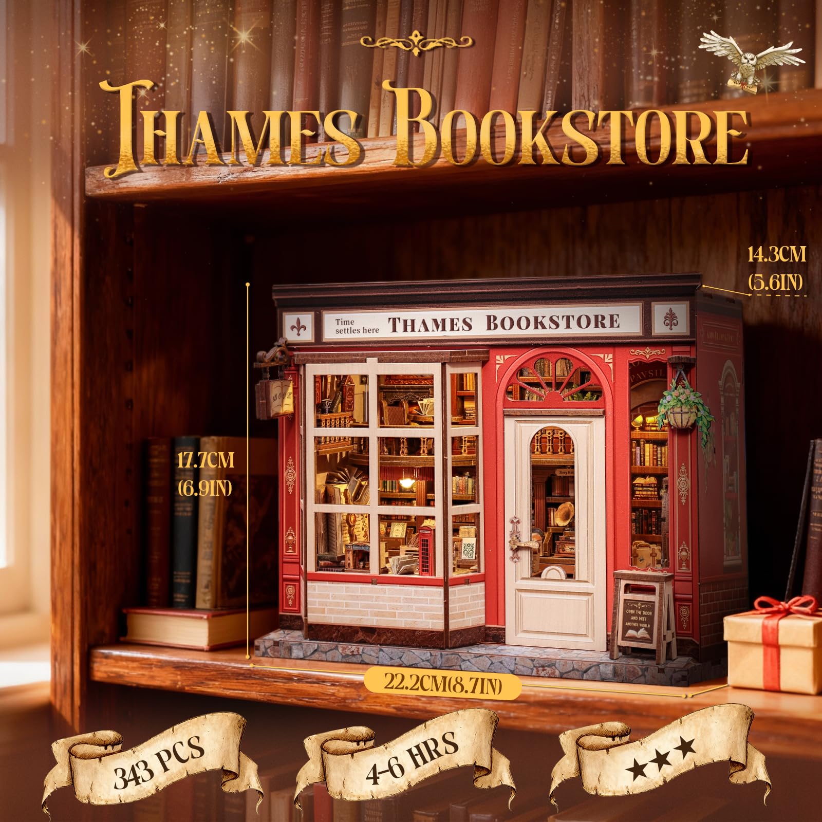 CUTEBEE Book Nook Kit - Domek Dla Lalek Dla Dorosłych, Zaczarowana Brytyjska Księgarnia, Zrób To Sam Miniaturowy Dom Z Oświetleniem LED, Dekoracja Na Półkę, Prezent(Thames Bookstore)