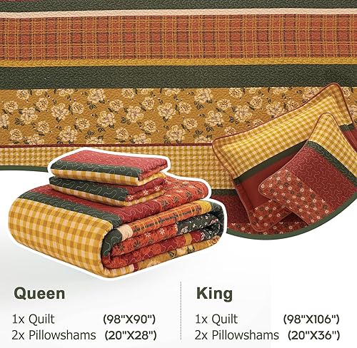 Miniatura 5 de Finlonte Juego de edredón de otoño King, edredón de 100 % algodón, colcha de tamaño King, colcha acolchada a rayas florales, edredón reversible