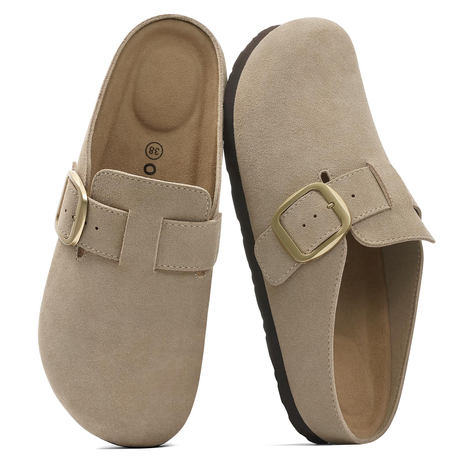 Women's Genuine Suede Clogs Memory Foam Cork Footbed Leather Potato Shoes | Lightweight Slip On Women Mules with Adjustable Buckle for Indoor Outdoor with Non-Slip Soles