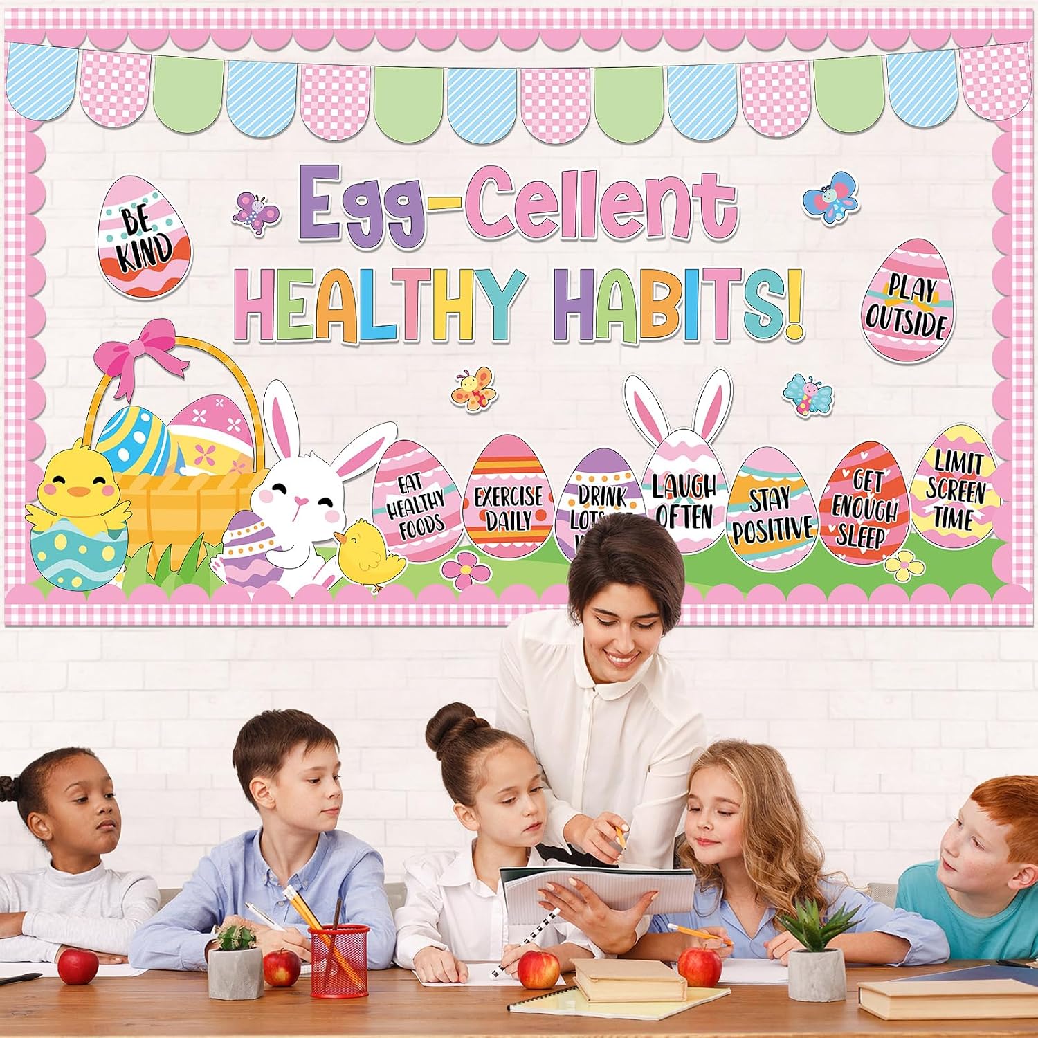 Easter Healthy Habit Bulletin Board Decorations Set Spring Bunny Egg Flower Classroom Decor Easter Eggs Health Good Habits Paper Cutouts for Spring School Home Chalkboard Wall Door Party Supplies