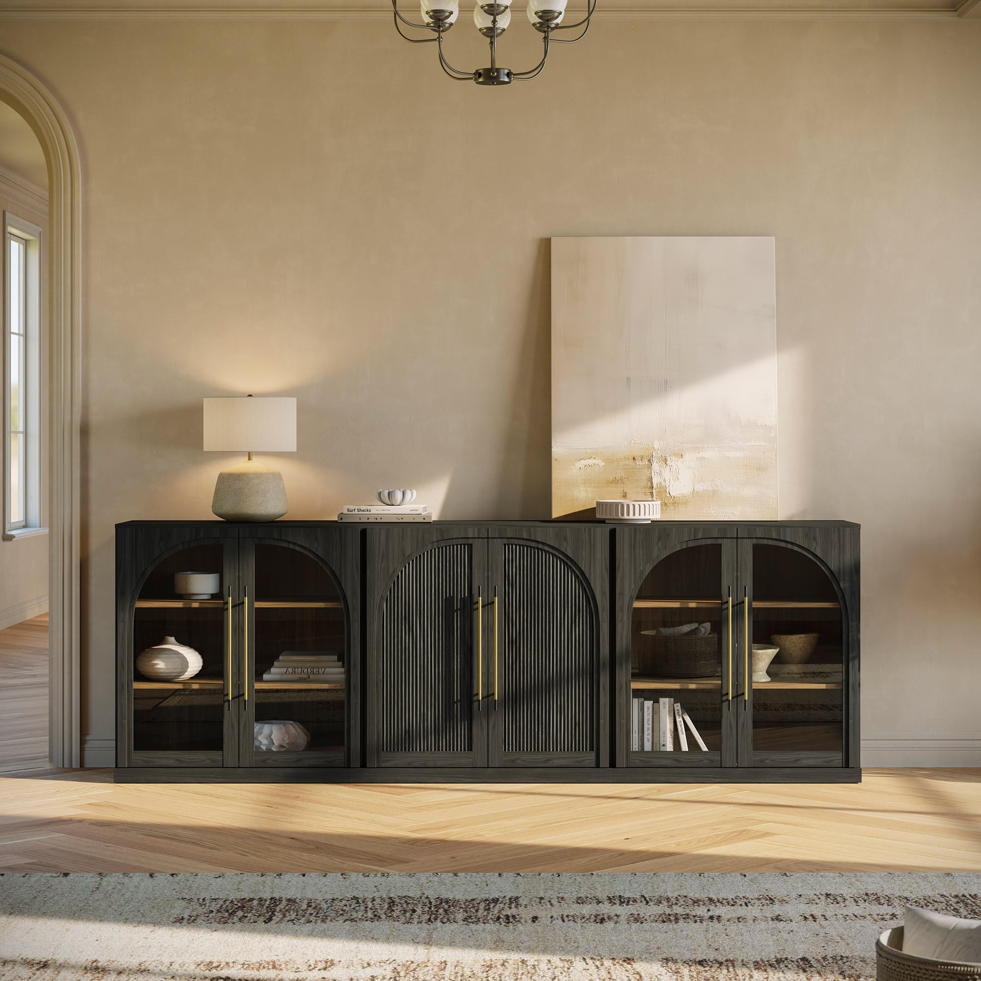 BELLEZE 3-Piece Modular Buffet Cabinet with Storage Freely Configurable, 97'' Modern 2 Arched Glass Door Sideboards and 1 Double-Arc Wood Door