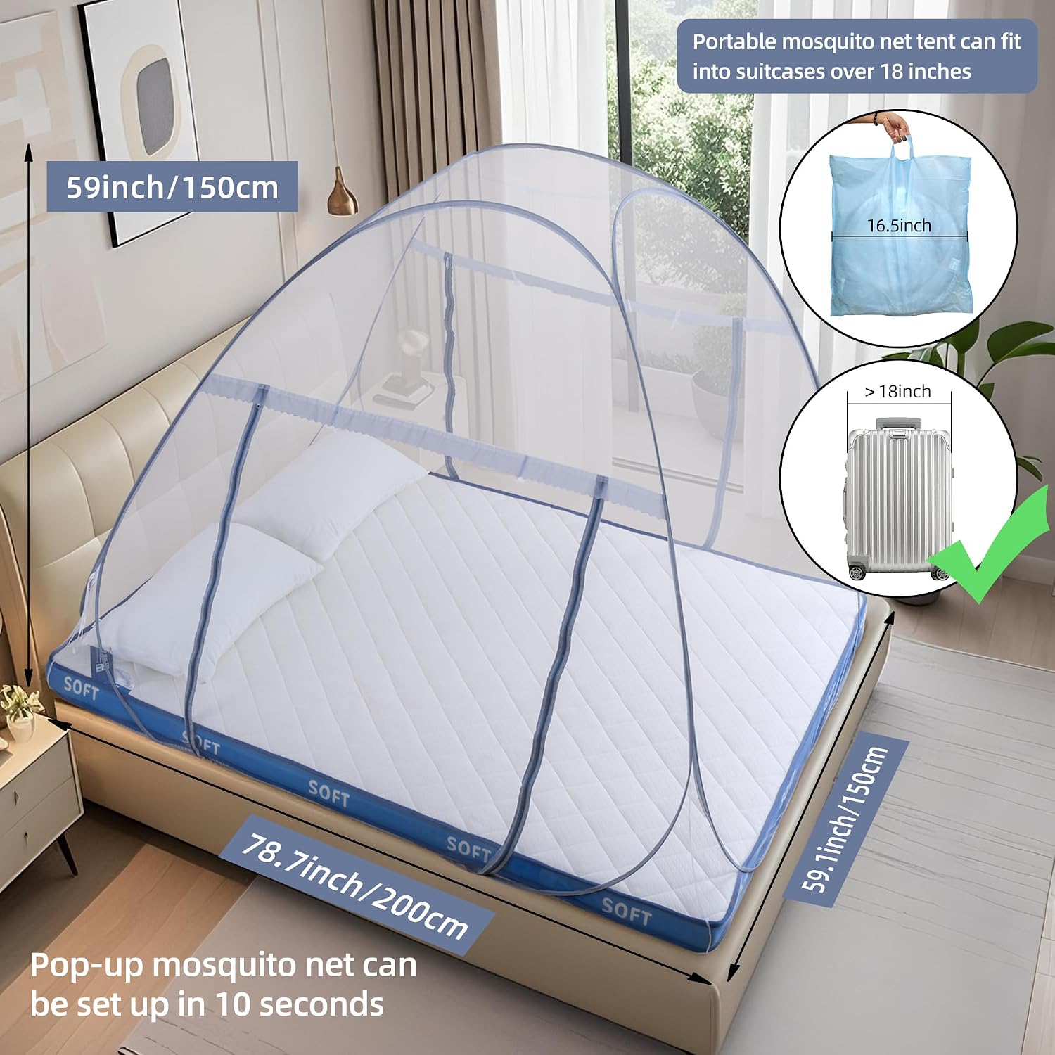 Pop-Up Mosquito Net Tent for Bed, Portable Folding Design Camping Travel Mosquito Tent with Net Bottom for Baby Adults, Easy to Install and Wash for Queen Size Bed 79 x 59 x 59 inch