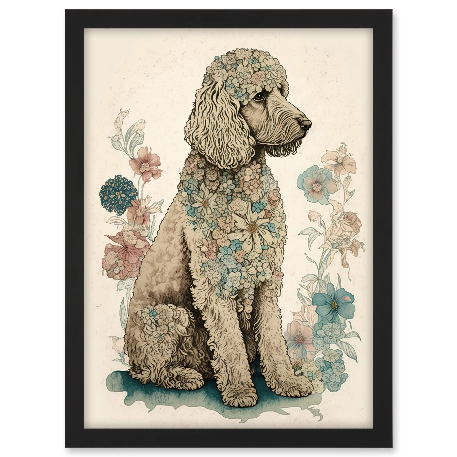 Artery8 Poodle Dog with Flower Fur Coat Modern Boho Watercolour Illustration Artwork Framed A3 Wall Art Print