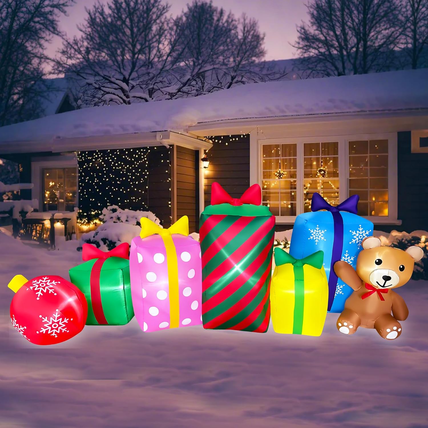 SEASONBLOW 8 FT Christmas Inflatable Gift Boxes with Ball and Bear Decoration, Xmas Blow Up LED Lighted for Lawn Yard Garden Home Indoor Outdoor Holiday Party Decor