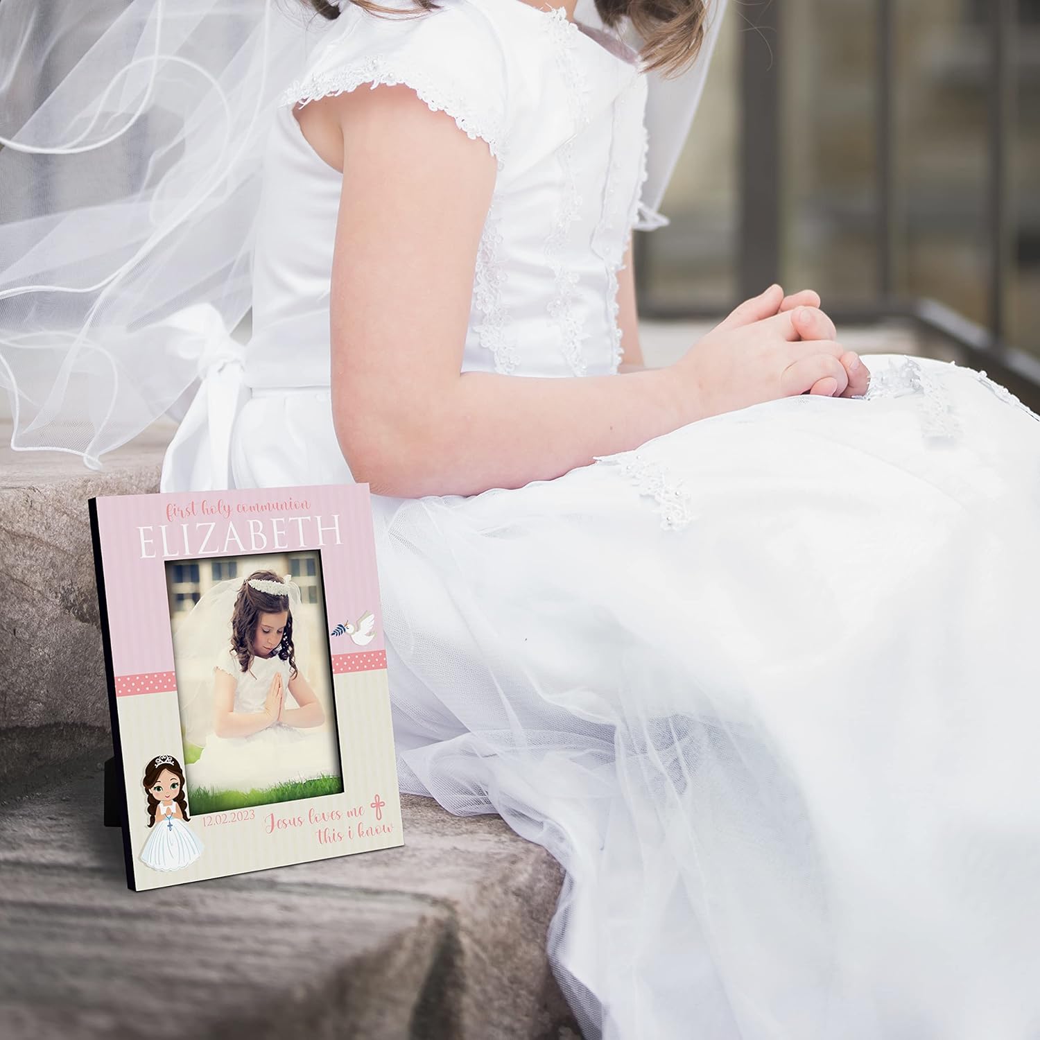 First Communion Gifts For Girls, Personalized 1st Holy Communion Picture Frame with Name & Date - 2 Orientations For 4x6 & 5x7 Photos, D5