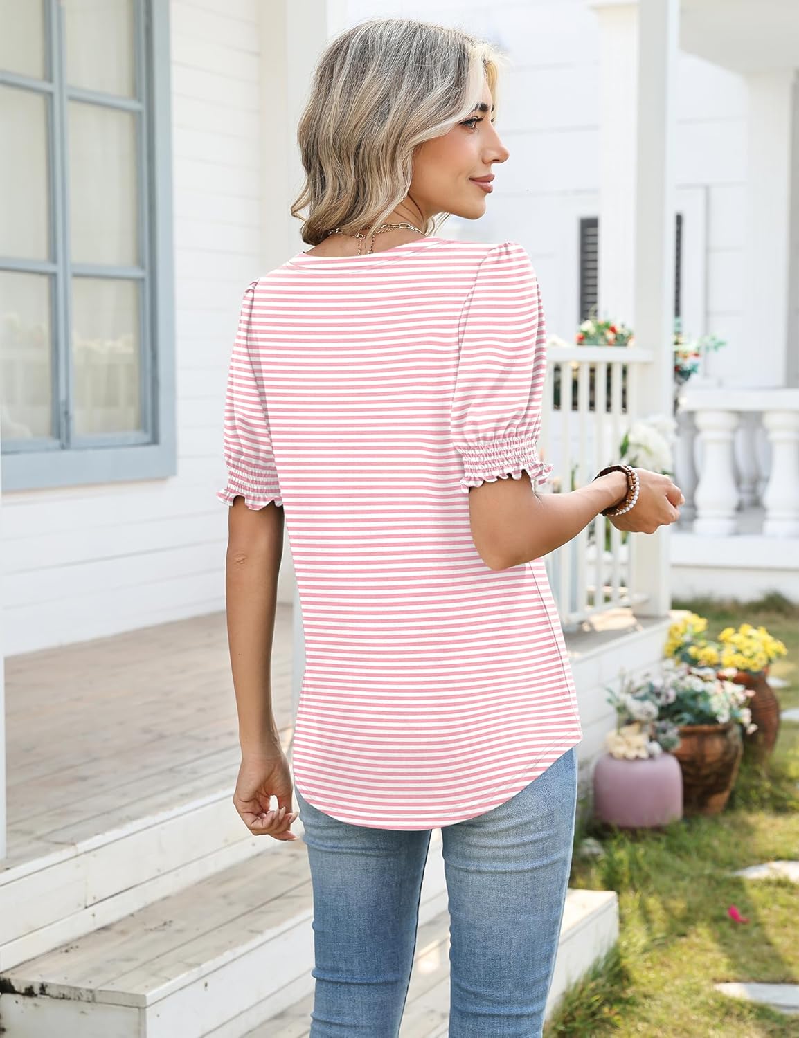 Rapbin Women's Puff Short Sleeve T Shirts V Neck Summer Tops Casual Fashion Blouses - Image 4