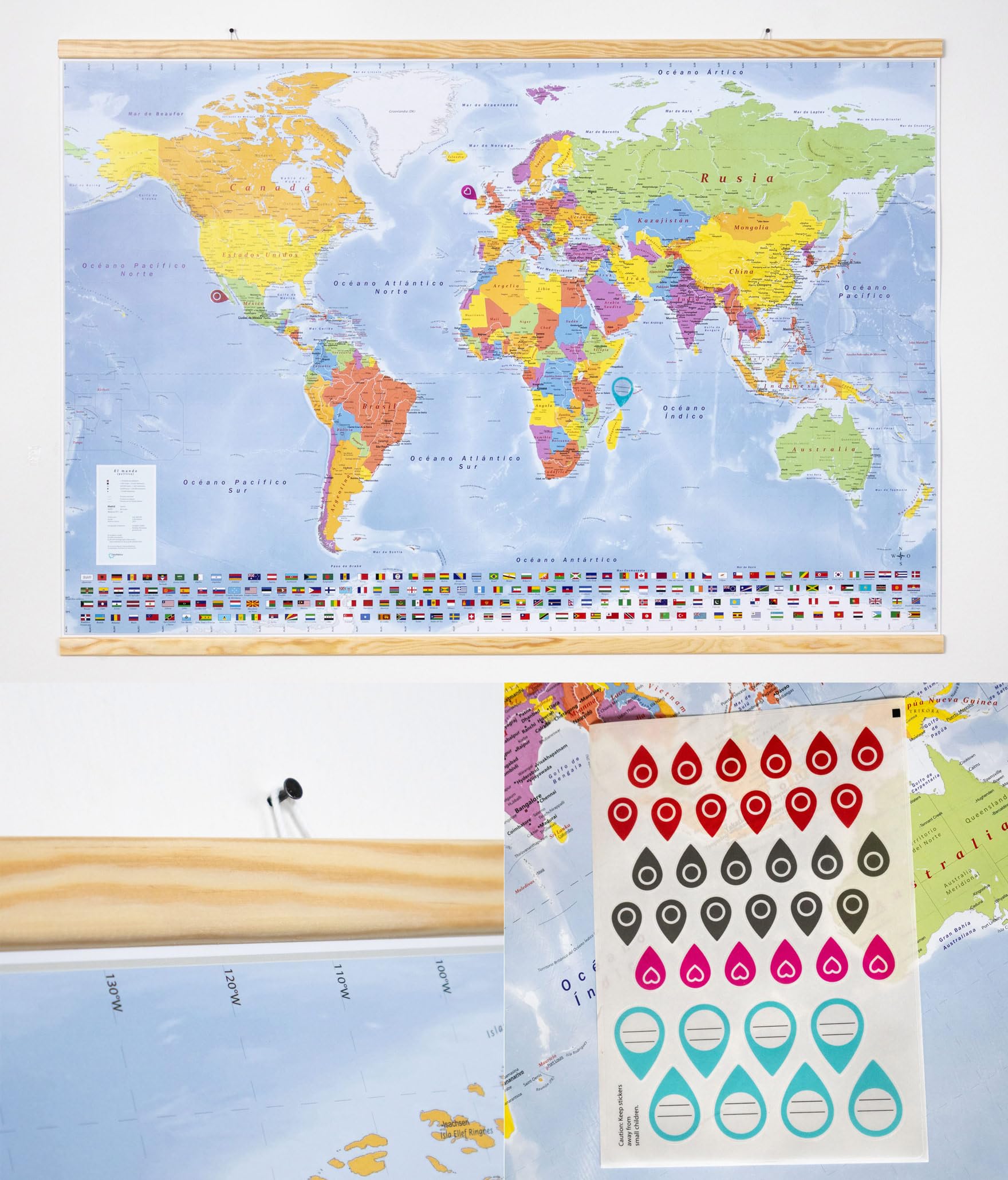 GeoMetro Mapa del mundo (en español), 70x100 cm, póster laminado, con banderas, con listones de madera para colgar + hoja de pegatinas