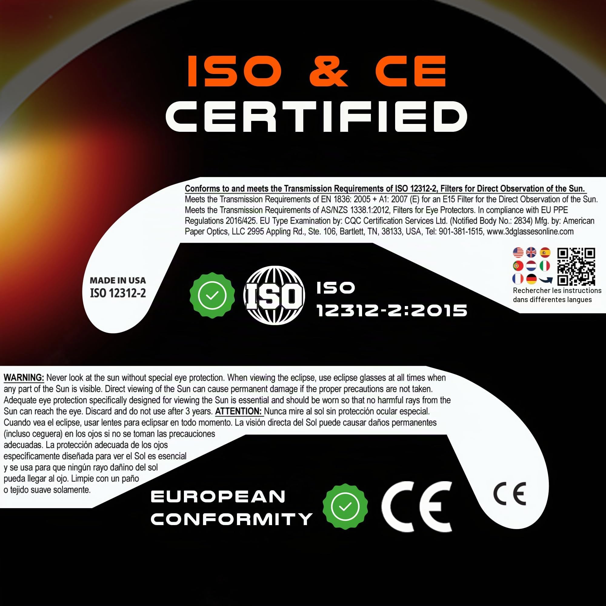 Lot de 50 Lunettes Éclipse Solaire certifiées CE ISO 12312-2 - Fabriquées aux États-Unis - Lunette éclipse solaire pour observation sécurisée - Solar Eclipse Glasses