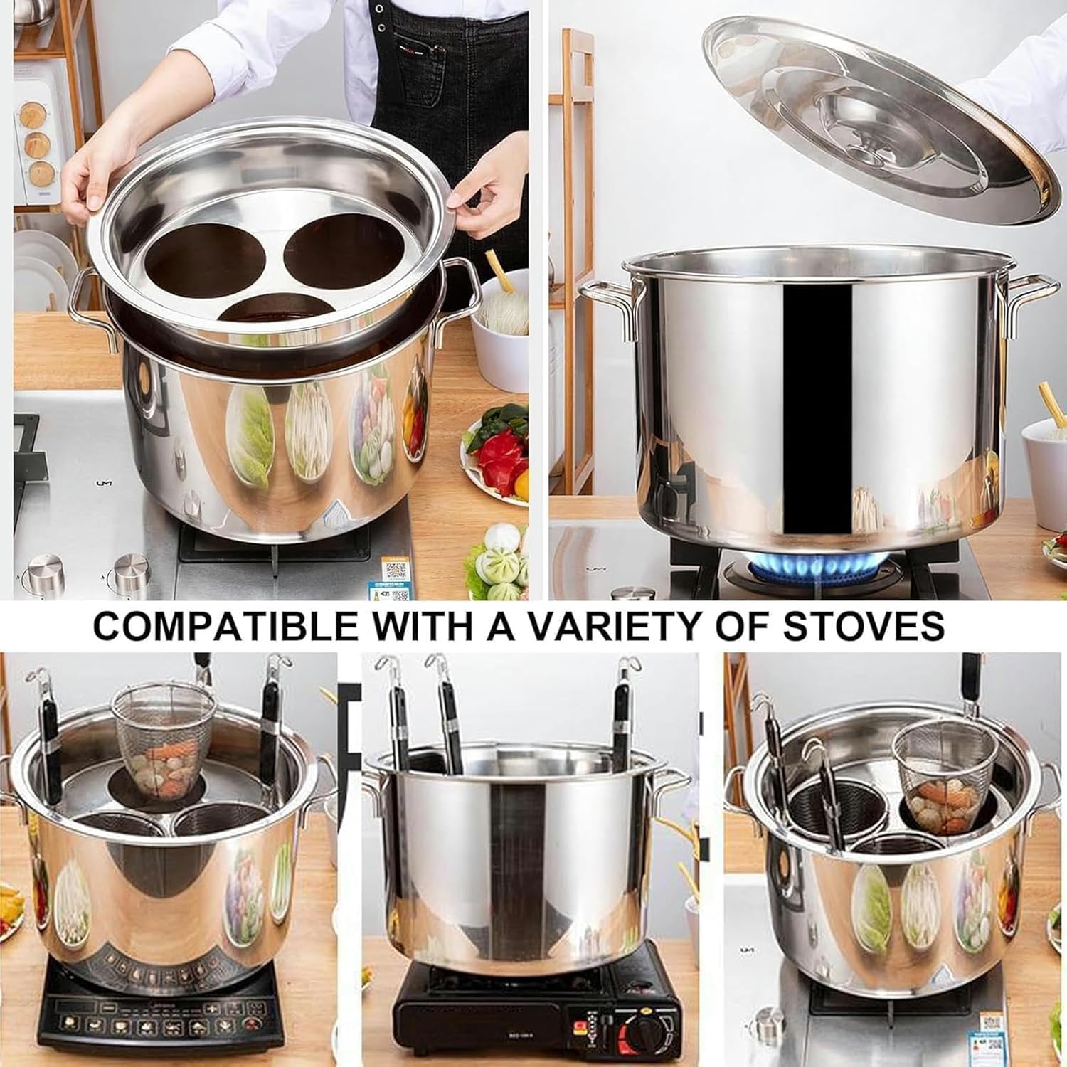 5-Hole Stainless Steel Pasta Cooker Set with Strainer Basket - Versatile Cooking Pots for Home Kitchen, Ideal for Pasta, Steaming, and Stocking - Durable Cookware Essentials