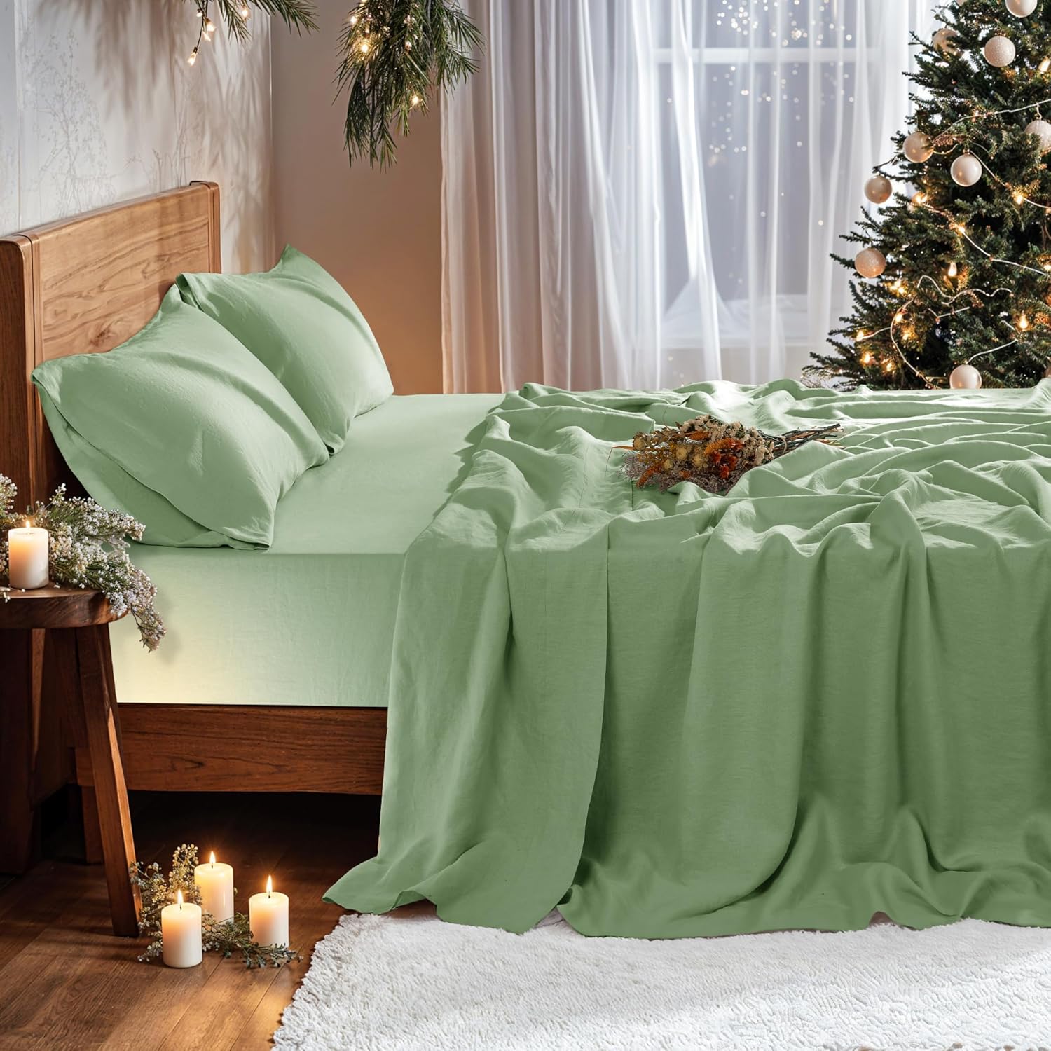 100% Linen Sheet California King 4 pcs Sheet Set Deep Pocket Up to 16" Mattress Breathable Bed Set Cozy for All Season Geen