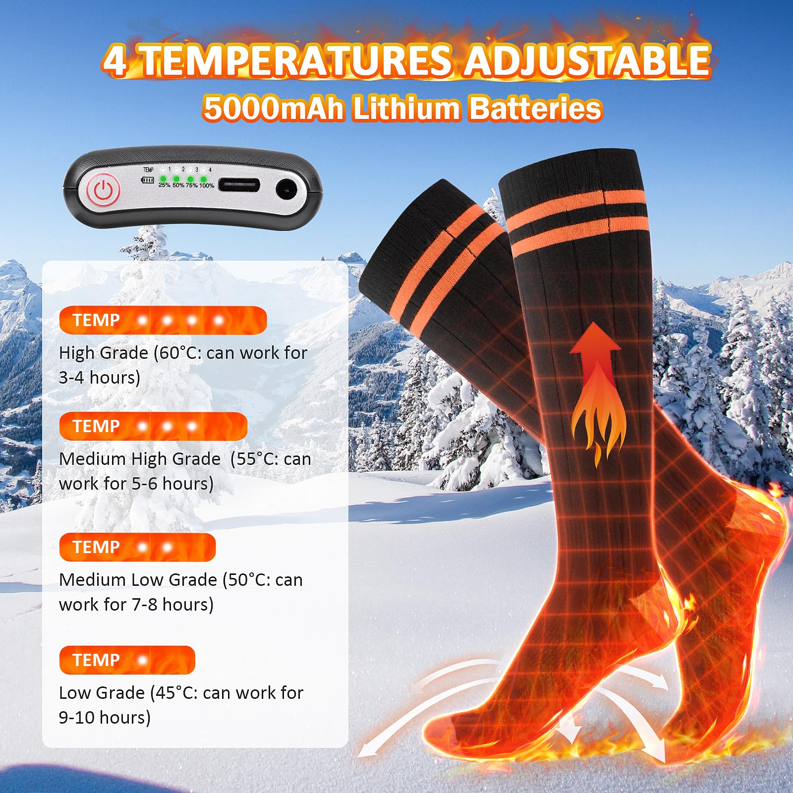 Verwarmde sokken voor heren Dames met APP-afstandsbediening en 5000 mAh Elektrische verwarmingssokken Voetenwarmer voor wintersport buitensporten Skiën A gray