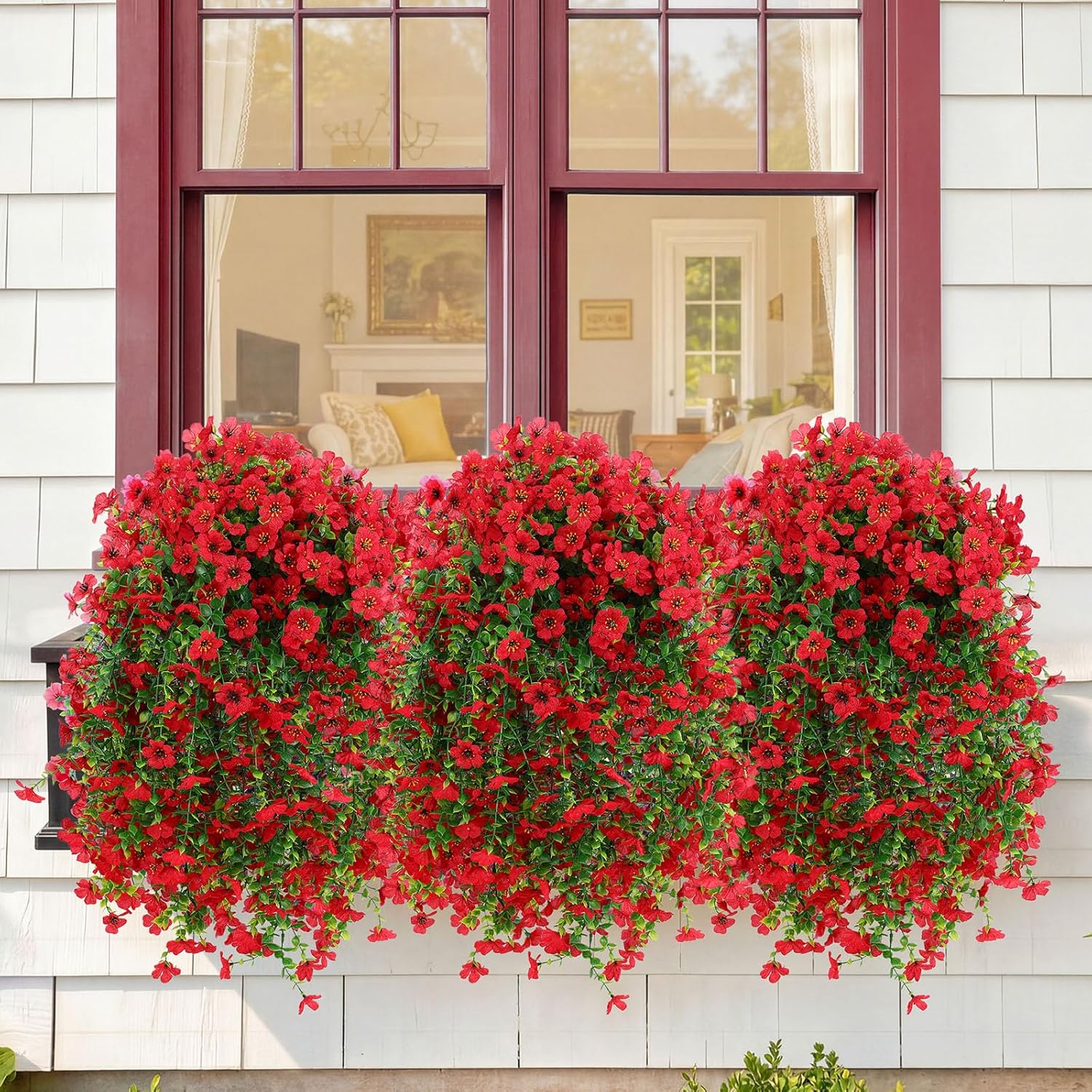 Suncalla 4 Pcs Artificial Hanging Flowers for Outdoor Planter, 156 Branches Trailing Faux Potted Plants Fake Floral, UV & Fading Resistant, for Wedding Patio Spring Summer Decor (Red)