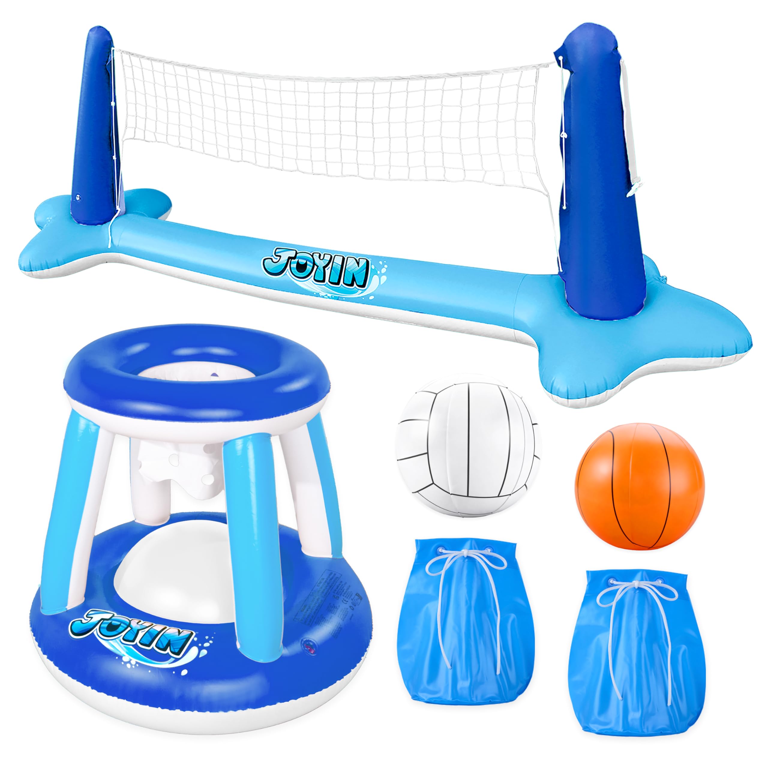 Joyin Opblaasbare drijvende zwembadset, volleybalnet en basketbalringen en ballen voor kinderen en volwassenen, waterpolospel, zwembadspeelgoed, voor volleybal en basketbal, zwembadspeelgoed, watersport, zomerspeelgoed