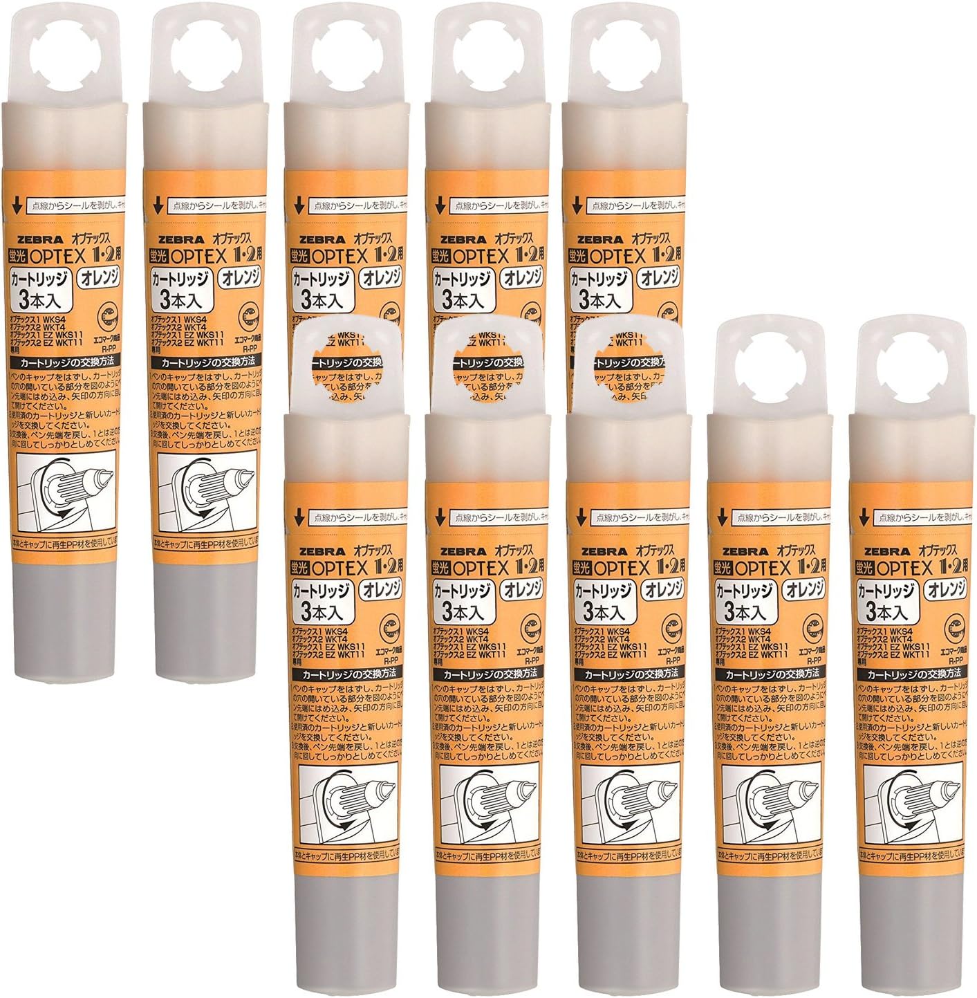 Zebra Highlighter, Optex 1 and 2 Cartridge, Orange, 3 x 10 Count B-RWK8-OR