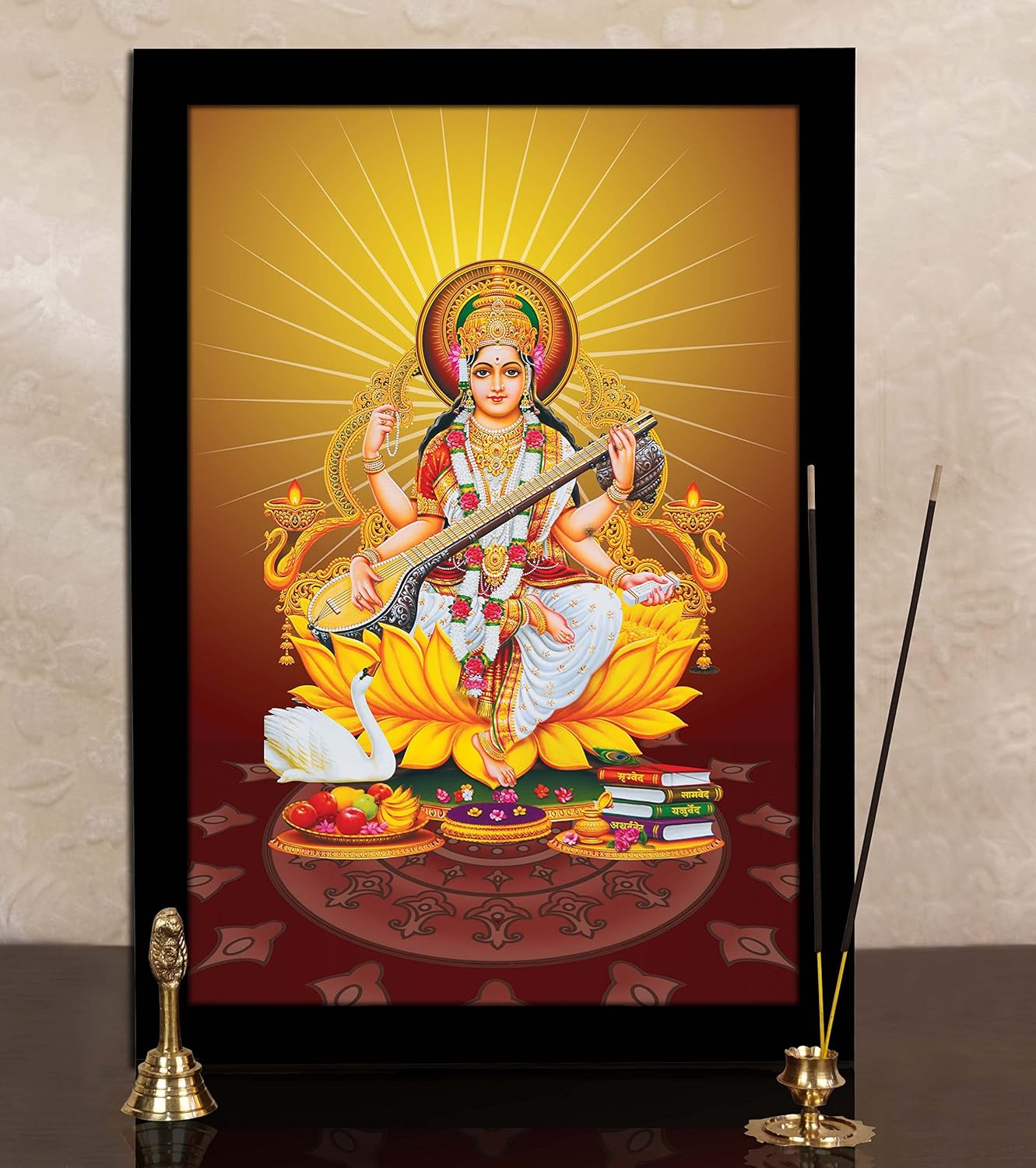 Indian Goddess Saraswati With Her Veena Sitting On Lotus Picture Frame Auspicious Hindu Goddess Of Knowledge Poster With Frame Wall Decor For Home/Office/Temple