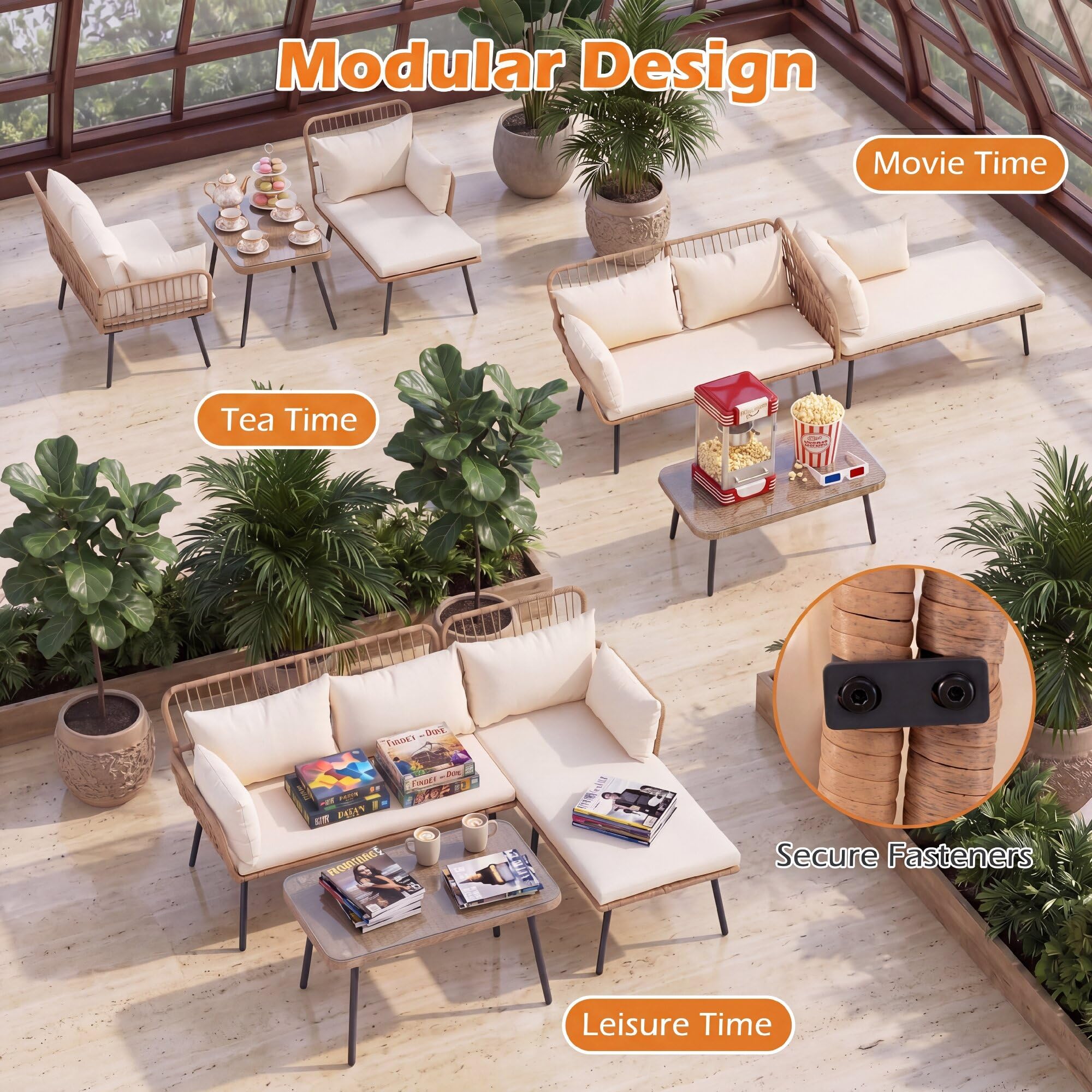 GIANTEX Conjunto de Jardín de Ratán 3 Piezas con Sofá Esquinero | Muebles de Exterior con Cojines y Mesa de Centro con Encimera de Vidrio, para Patio, Piscina y Terraza