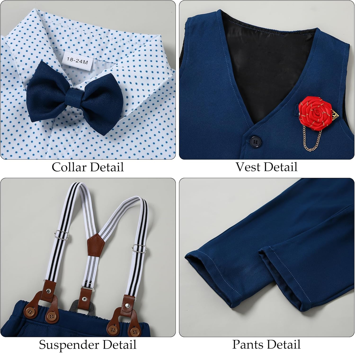 WESIDOM Toddler Boy Clothes Suit Formal Dress Shirt+Bowtie+Vest+Boutonniere+Suspender Pants Boys Gentleman Outfits Set - Image 2