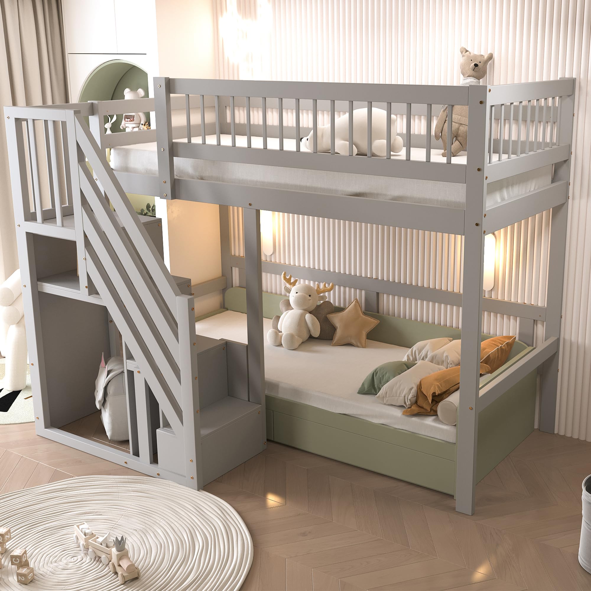 Hochbett 90x200cm, Etagenbett Treppe mit Aufbewahrungs Schrank, Raumfreundliches Design Hochbett für kleine Zimmer oder Gemeinschaftsräume, Grau