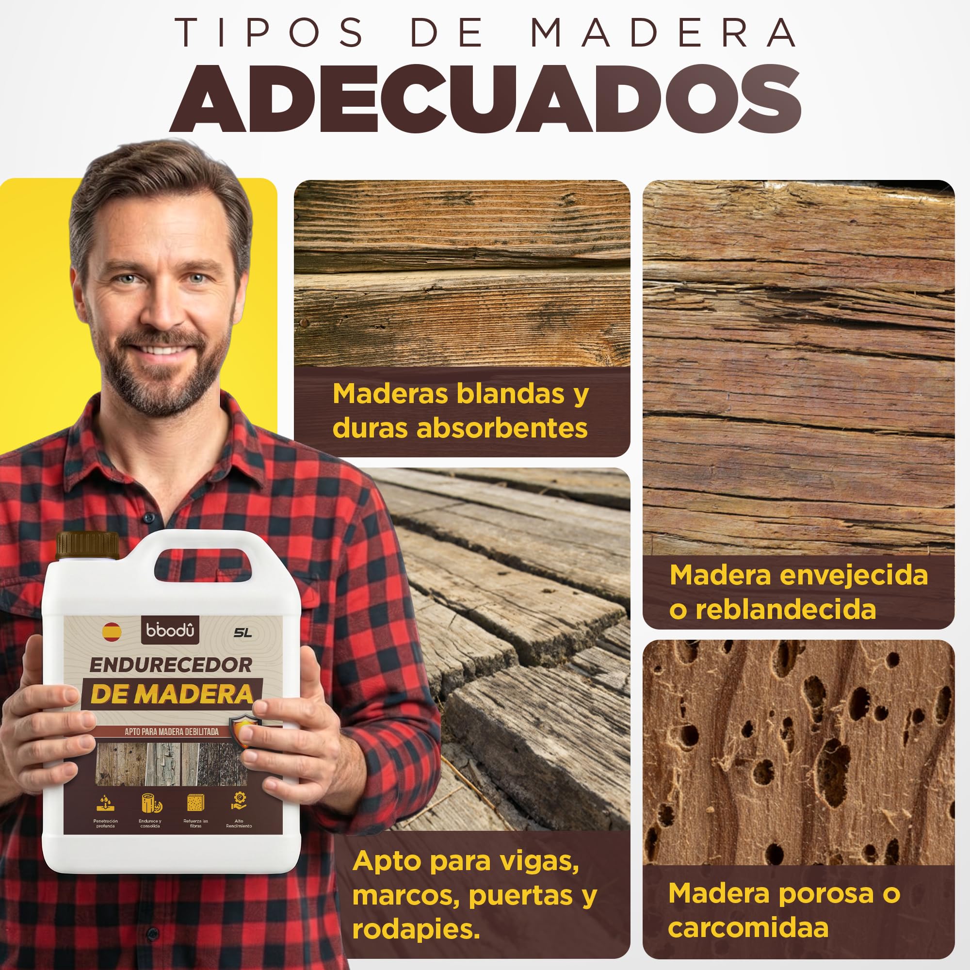 Endurecedor de Madera 5L de Alta Penetración | Consolida & Refuerza Madera Blanda, Carcomida o Deteriorada | Interior y Exterior