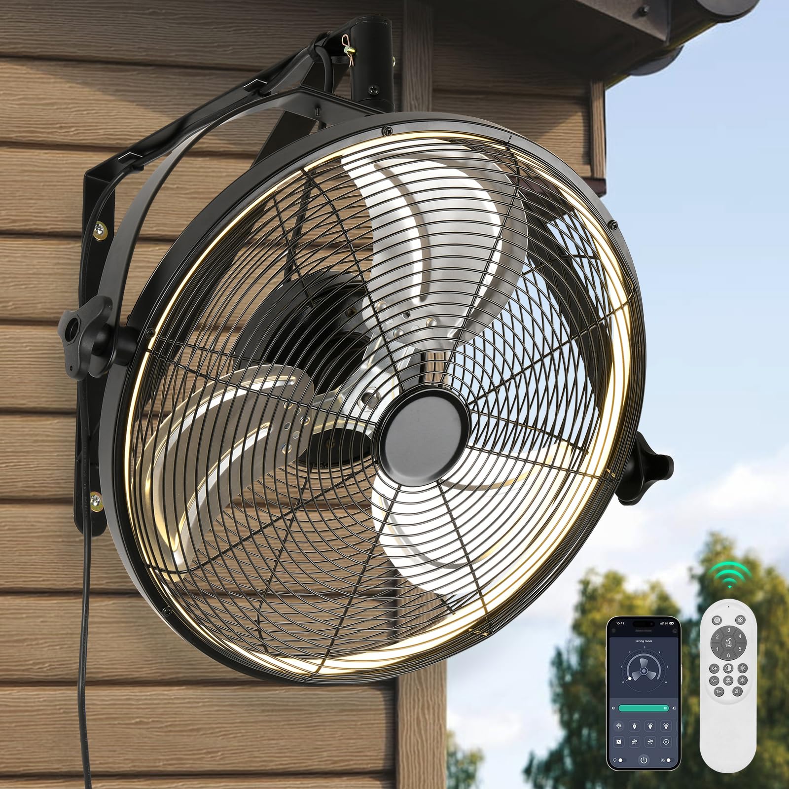 Photo 1 of AHAWILL 20 Inch Wall Mount Fan with Lights,6-Speed High Velocity Wall Fan Dimmable Gazebo Fan,360°Adjustable Tilt Industrial Outdoor Fans for Patio,Garage,Workshop,Commercial,Black
