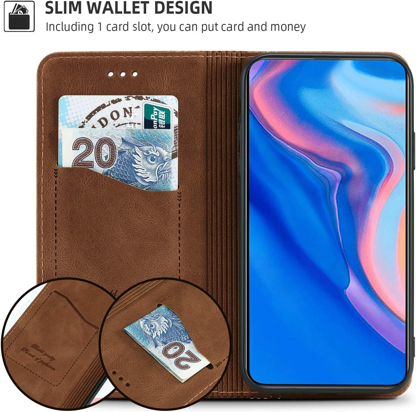 AKABEILA for Huawei P Smart Z Case Luxury PU Leather Flip Case for Huawei Y9 Prime 2019 Folio Wallet Case Women Men Cover with Card Holder Magnetic Closure Kickstand Shockproof 6.59" Light Brown