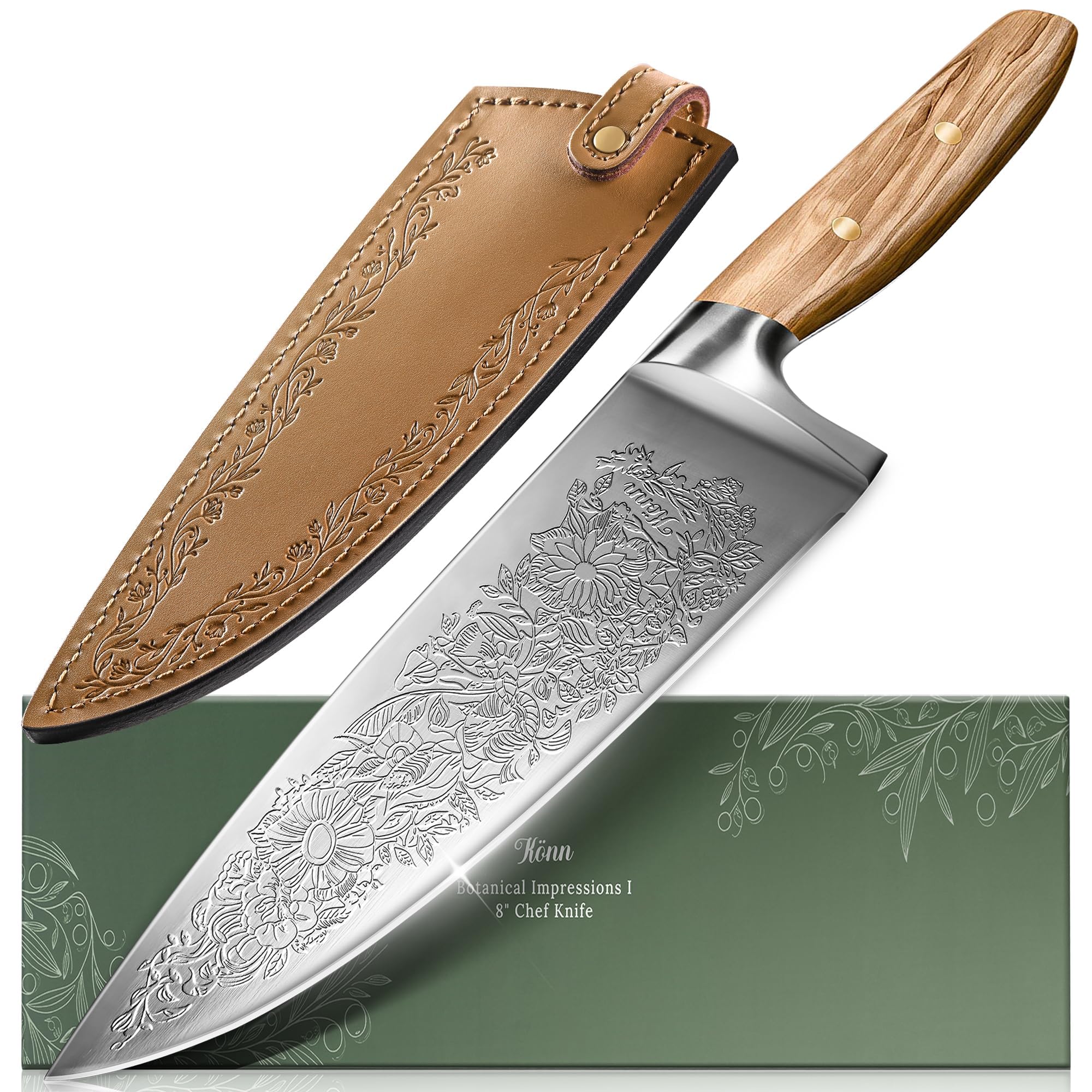 Chef Kitchen Knife 8", Embossed Botanical Blade, Olive Wood Handle