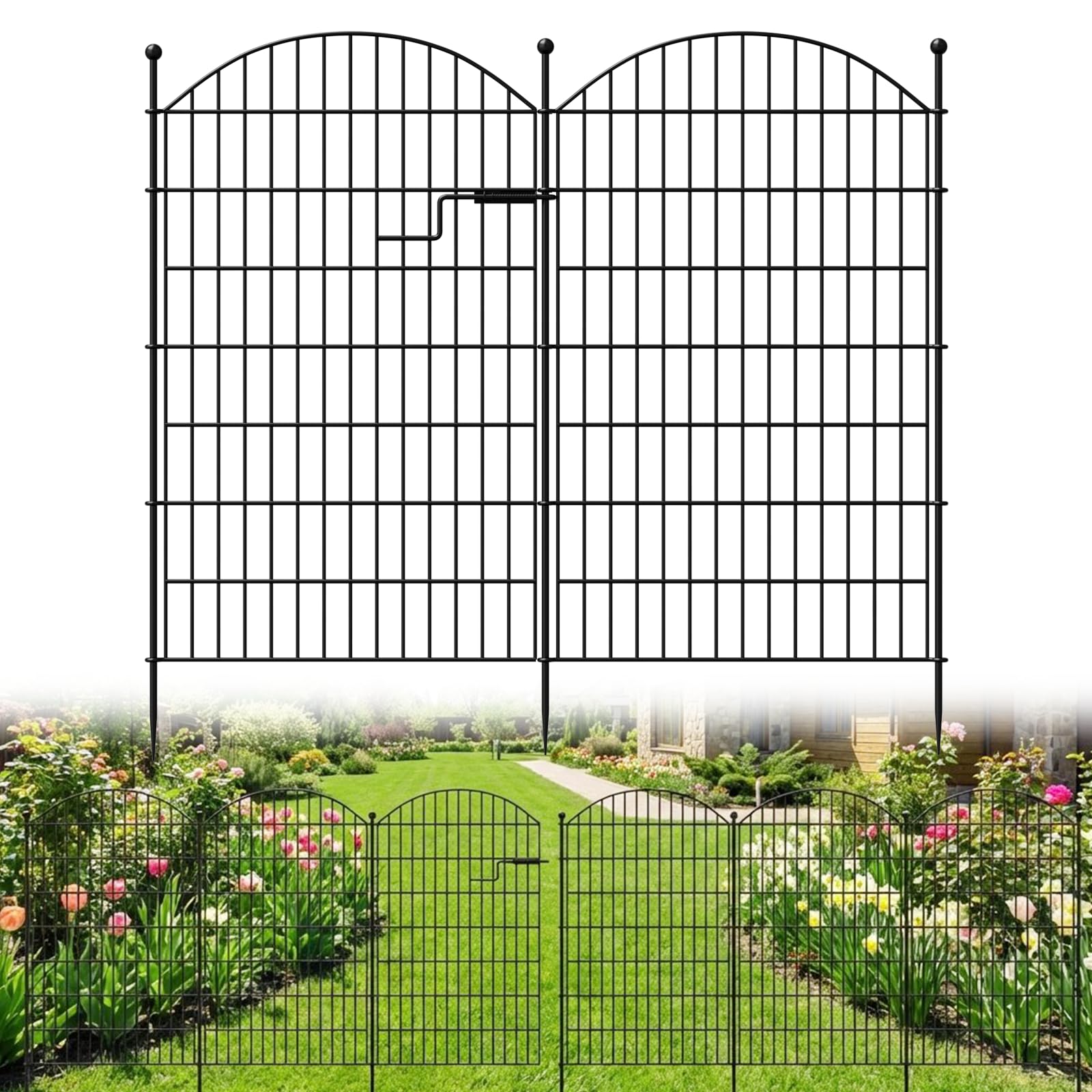 7-teiliger Gartenzaun mit Tür, 100 cm hoch x 4,5 m lang | rostfreies Metall, Hundezaun, Tierbarriere, Dekorative Beetumrandung, No-Dig-Design für Hof, Terrasse und Blumenbeet