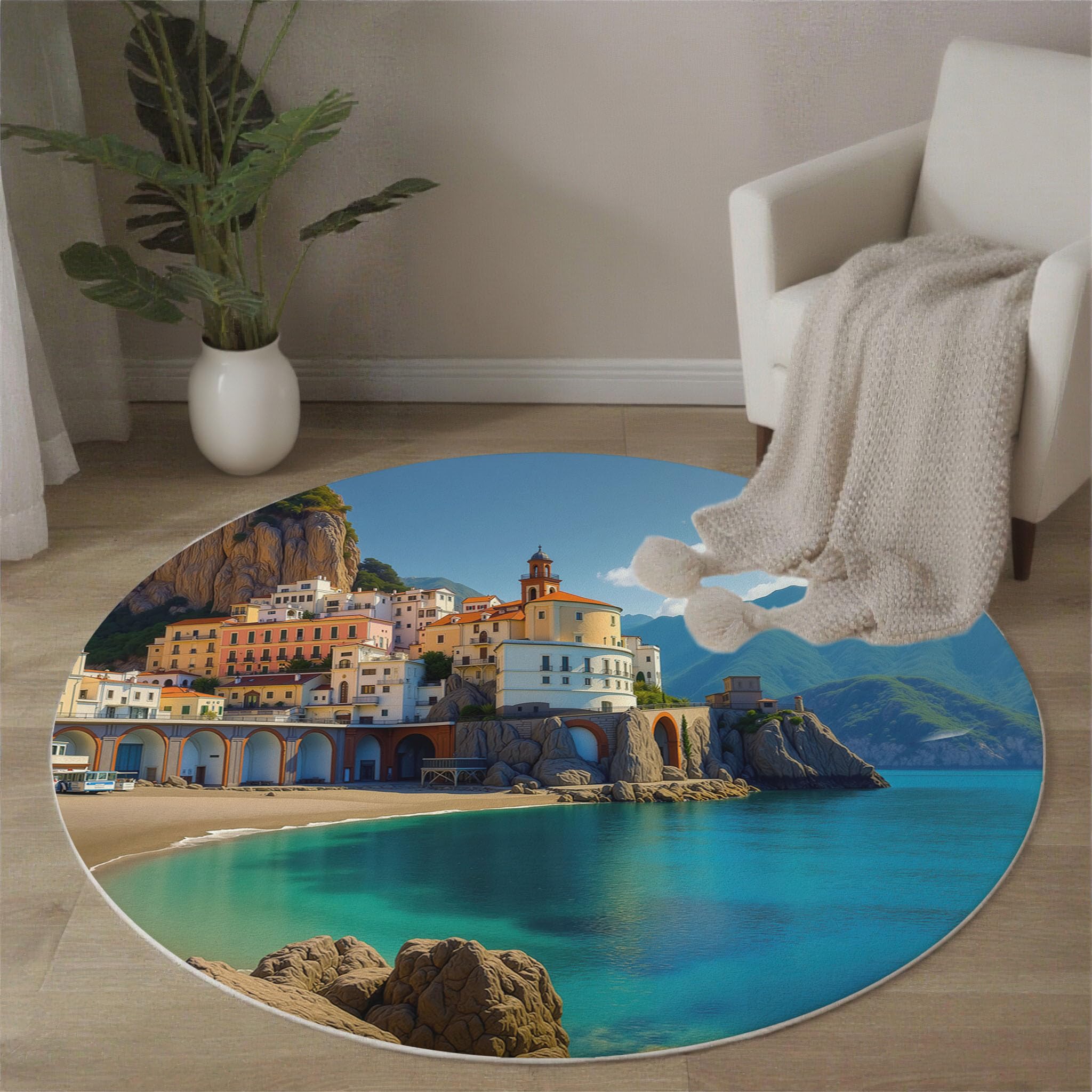 Tapis rond bleu pour salon et chambre paysage bord de mer antidérapant 120cm