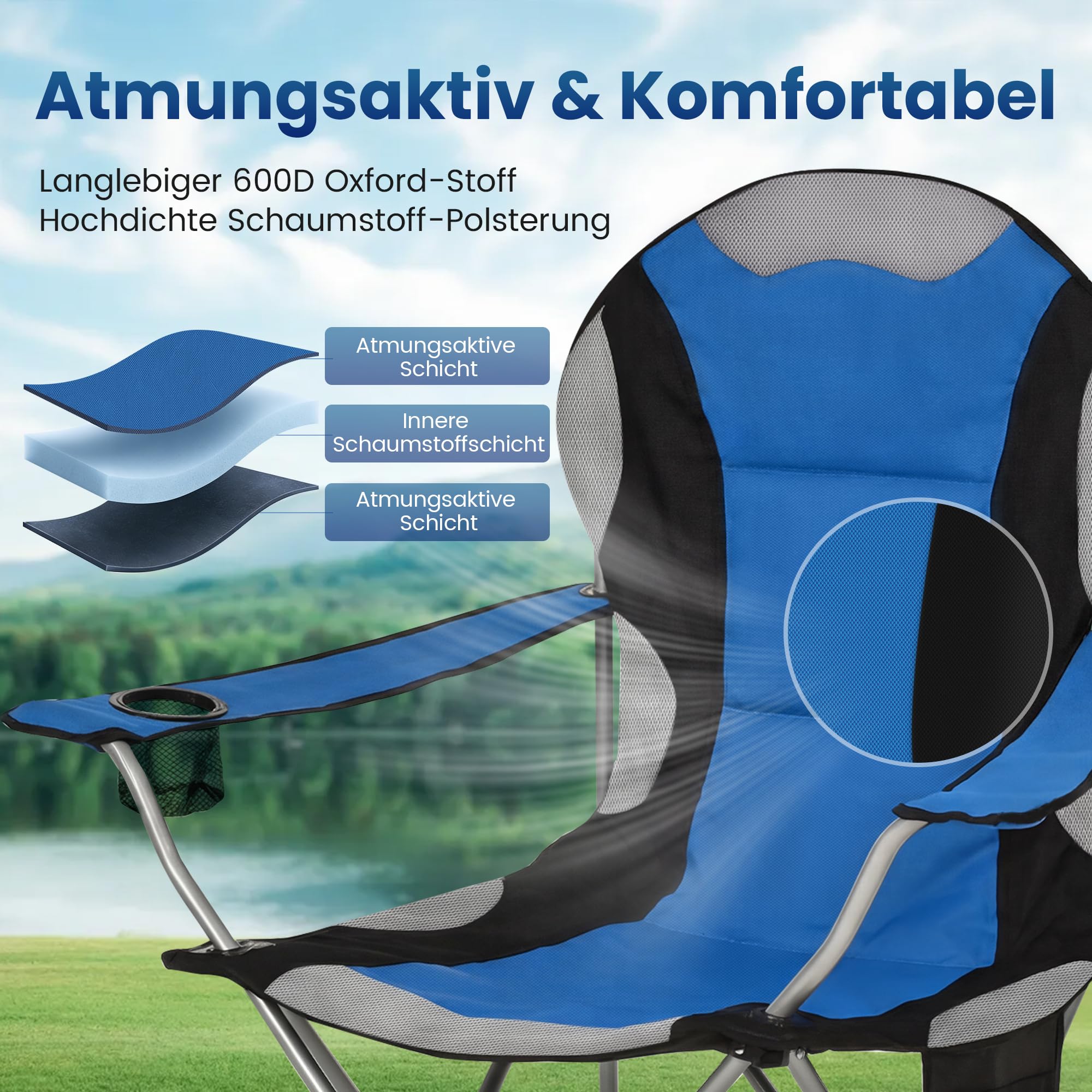 ROPODA Campingstuhl Faltbar, Klappstuhl Camping 150kg mit Hoher Rückenlehne, Armlehnen, Getränkehalter & Seitentasche, Gepolsterter Camping Stuhl für Outdoor, Garten, Angeln, Strand, Blau