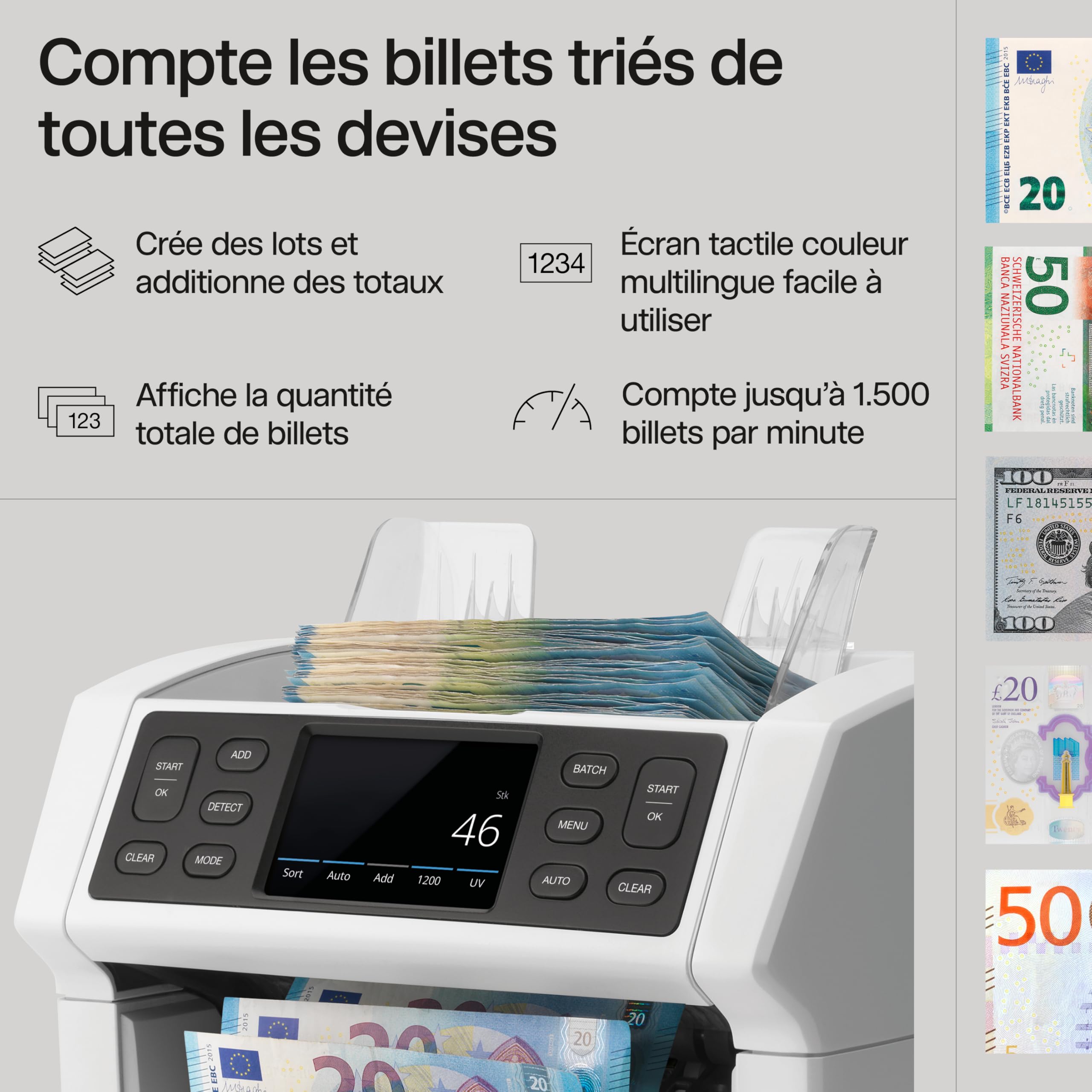 Safescan 2850 compteuse de billets qui compte les billets triés - Compteur de billets avec détection de faux billets sur 3 points - Machine à compter les billets triés de toutes les devises