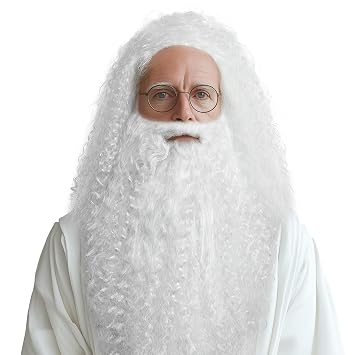 JPXH Wizard Curly Wig and Beard Funny Cosplay Costume Accessory for Adults White
