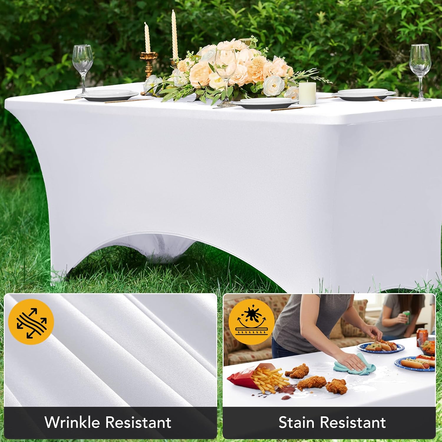 6-Pack Premium White Spandex Tablecloths for 6ft Rectangle Tables, Stain & Wrinkle-Resistant, Washable Stretch Polyester Fitted Table Cover for Weddings, Banquets, Trade Shows Events