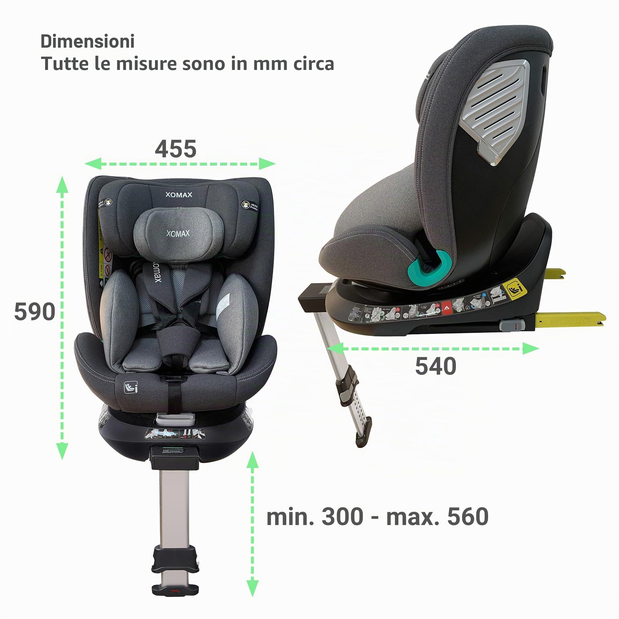 XOMAX G409 - Seggiolino girevole a 360°, base ISOFIX I con crescita, 0 – 36 kg, 0 – 12 anni, gruppo 0+/1/2/3, cintura a 5 punti, cintura a 3 punti, rivestimento lavabile I ECE R129