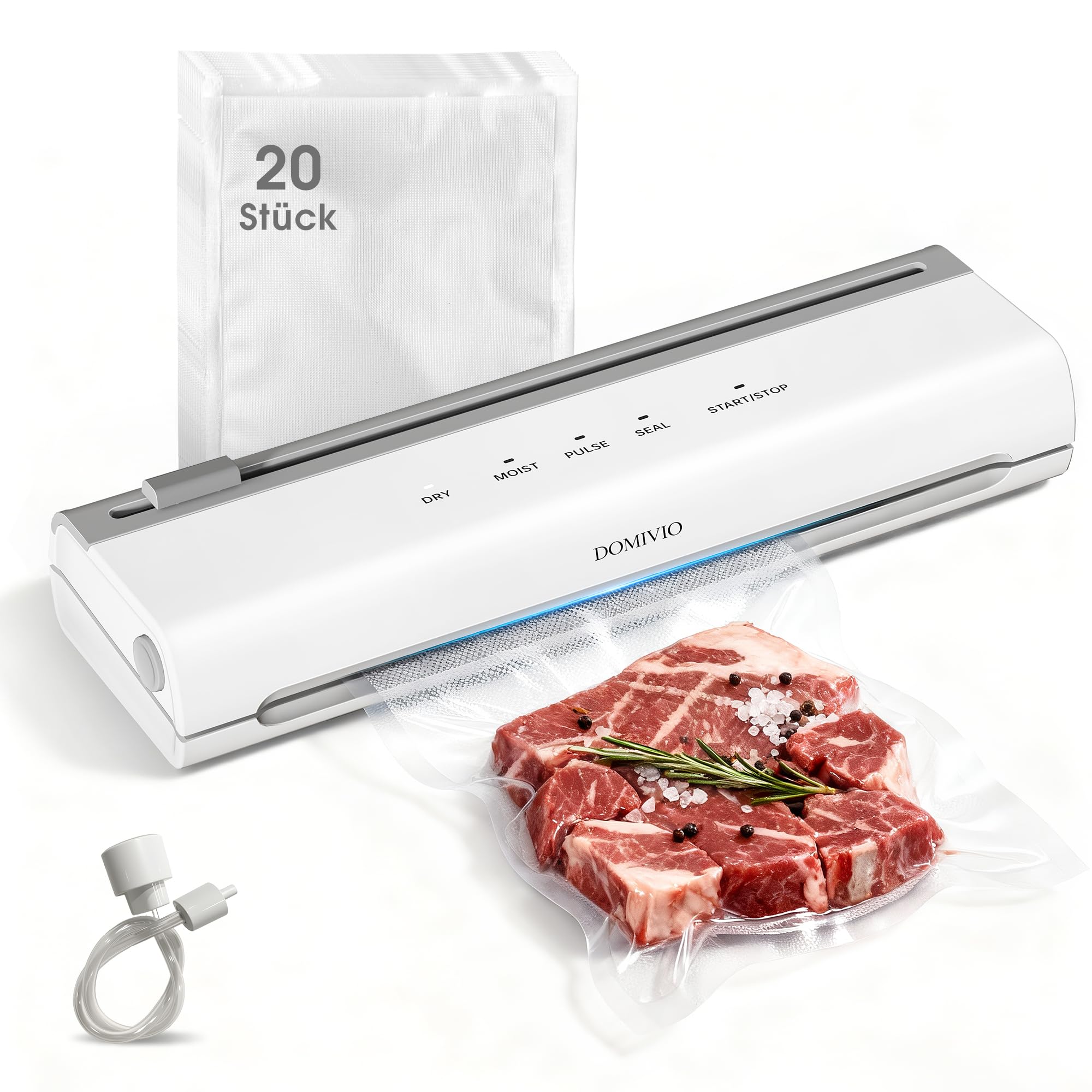 DOMIVIO Vakuumiergerät für Lebensmittel – 65 kPa Saugkraft, Trocken & Feucht, Mit Cutter, Touch-Bedienung, Automatisch mit 20 Beuteln | Doppelte Versiegelung | Platzsparend | Küche | Haushalt