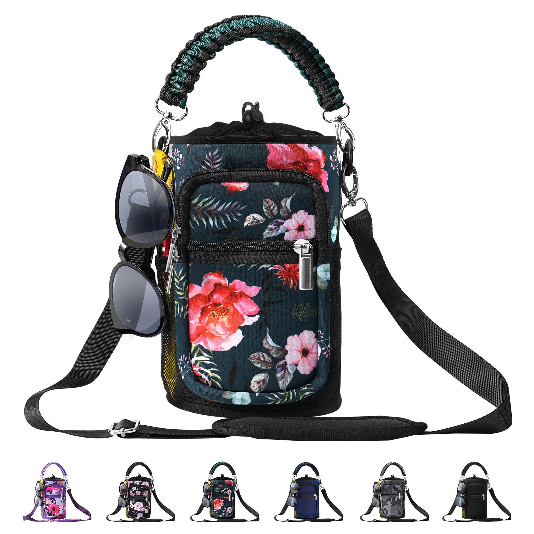 AceTreker 32/40/64/87/128 oz Water Bottle Carrier Bag, Neoprene Water Bottle Sleeve with 4 Pocket, Sport Water Holder with Paracord Handle and