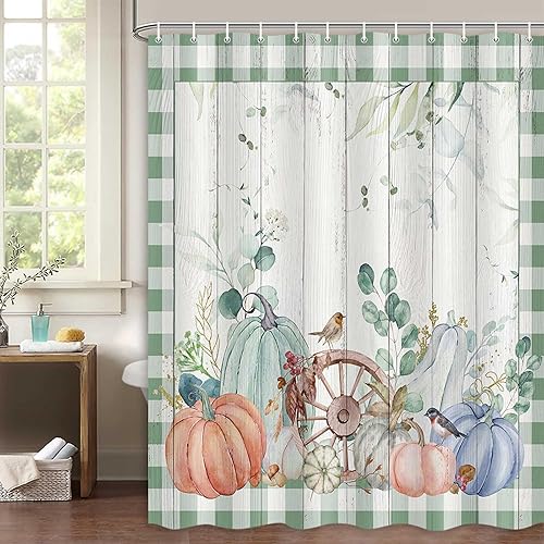 Miniatura 2 de Cortina de ducha de calabaza de otoño, otoño, cosecha de Acción de Gracias, calabazas rústicas, cortinas de decoración de baño, a cuadros, verde