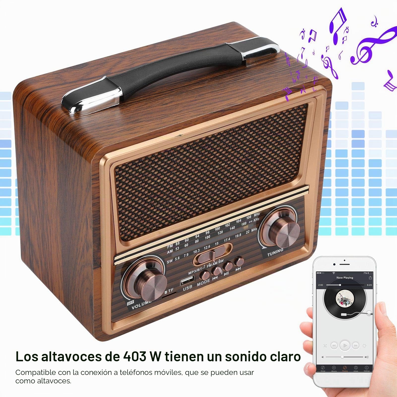 T osuny Radio FM/Am/SW Retro Madera Radio, Reproducción Bluetooth, Altavoz de 3W, Reproductor MP3, Altavoz inalámbrico portátil de Madera Recargable, Regalo para los Padres(220 V)