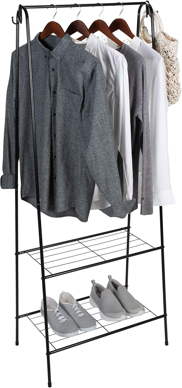 Black Metal Freestanding Clothing Rack with Shelves and Hooks