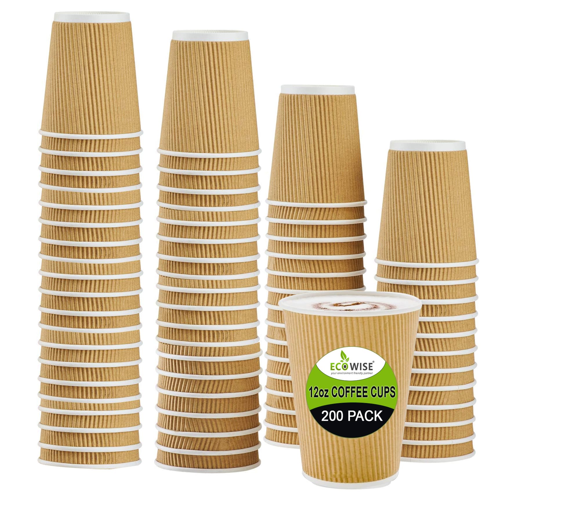 EcoWise | 200 X 12 Oz Ripple Cup | 340 ml | Brown | Kraft - 3 Ply | 100% Natural and Recyclable | Eco-Friendly | Drinking | Hot Coffee, Tea, Cappuccino & Cold Drinks | Disposable - by Best House โ image 1