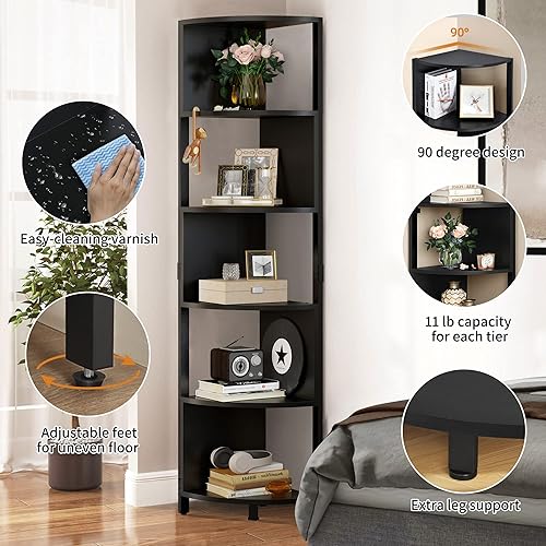 Miniatura 5 de HERNEST Estante esquinero de 6 niveles como estantes para almacenamiento color negro de 688 pulgadas de alto diseño de zigzag estantería esquinera