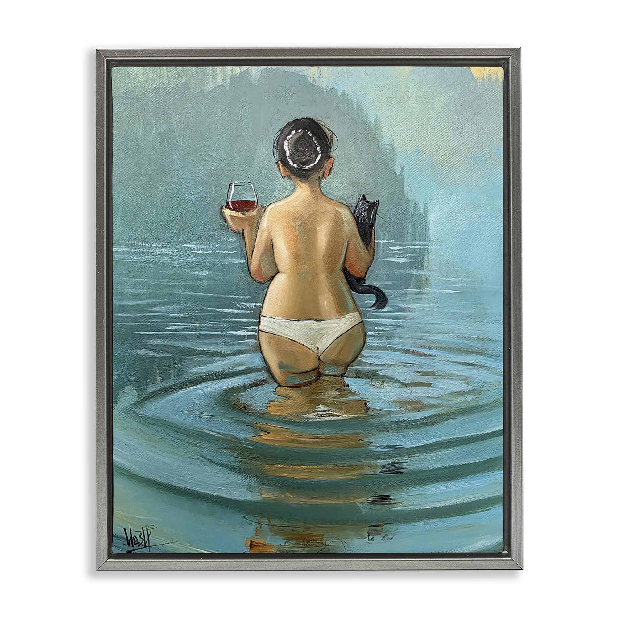 'Cat & Wine Dip At Twilight'| Floating Frame Canvas Art