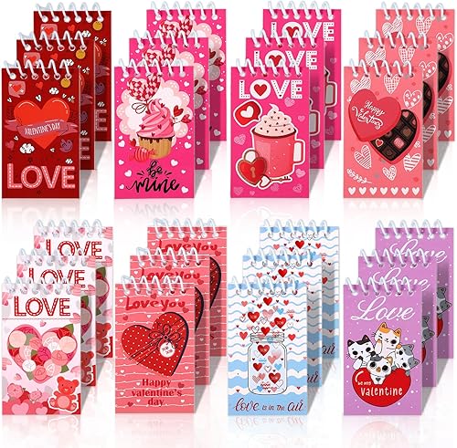 BOXOB 24 mini cuadernos para el día de San Valentín, 8 estilos lindos patrones y palabras, mini bloc de notas en espiral, regalos para el día de San
