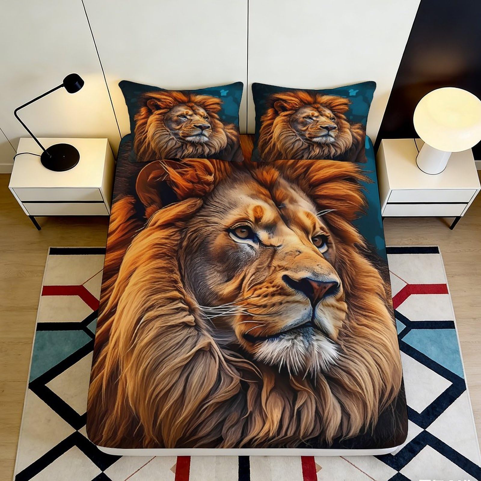 3D Printed Lion Fitted Sheet Microfiber Soft Durable Lion Face Bed Cover for Bedroom Dormitory Guest Room Mattress Protection and Decor 120x200x25cm