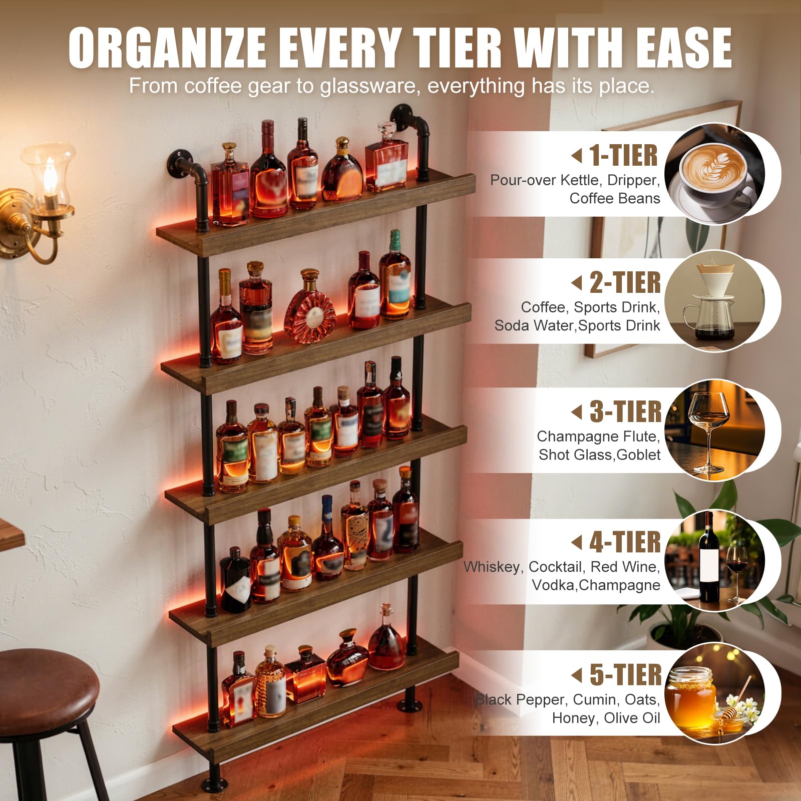 MSFE Portabottiglie da Parete con Luce LED 5 Livelli Portabottiglie in Metallo e Legno Massello Da Vino Industriale Portabottiglie con Ripiano Espositivo per Casa, Bar, Ristorante 20x100x180CM