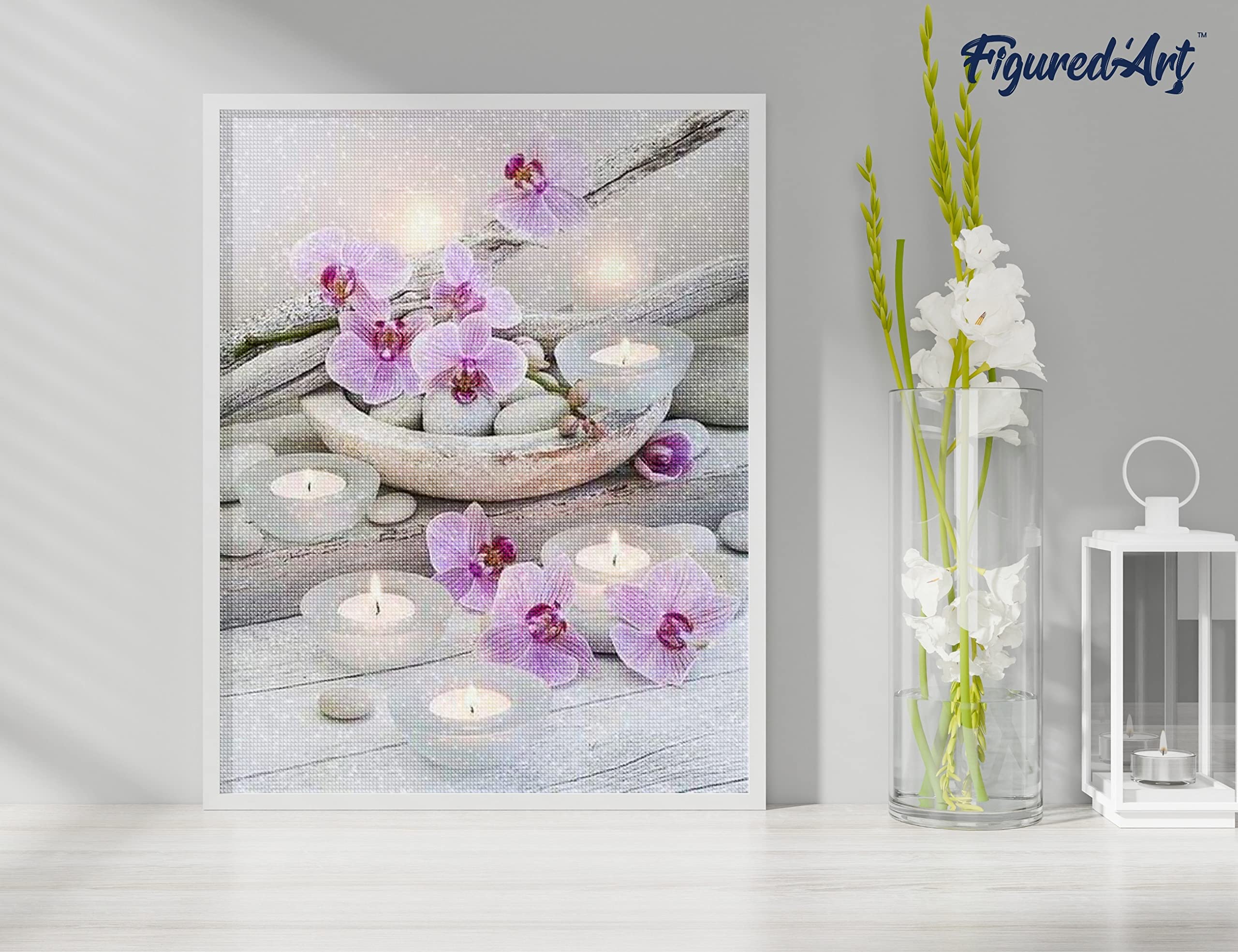 Figured'Art Diamond Painting Erwachsene 40x50cm Mit Rahmen Ganze Leinwand gespannt Blumen und Kerzen 5D Bilder Eckige Steine - DIY Set Basteln