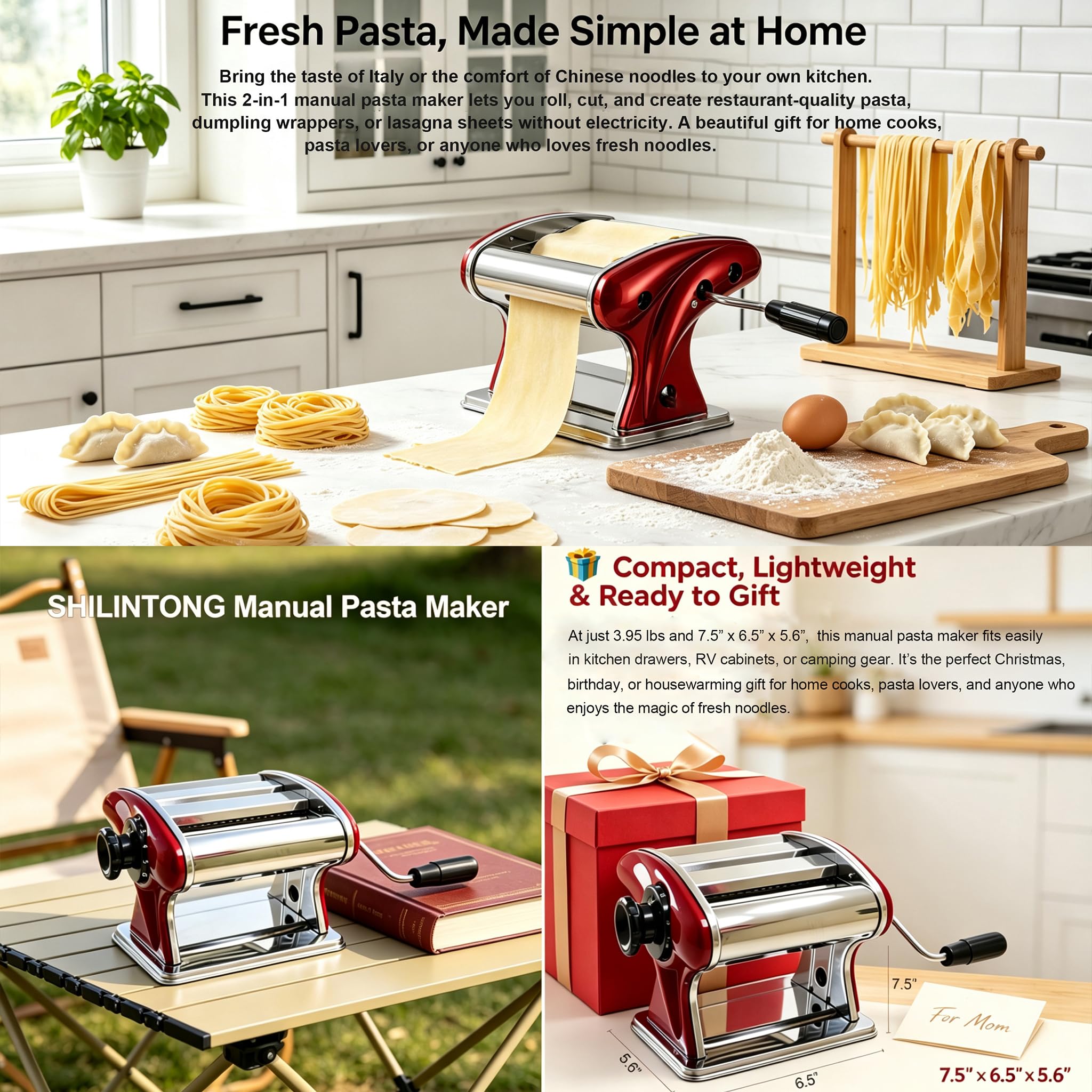 Macchina per pasta manuale SHILINTONG, macchina per pasta 2 in 1 in acciaio inossidabile con taglierine integrate da 2 mm e 4 mm, spessore regolabile da 0,3 a 5 mm per spaghetti, fettuccine